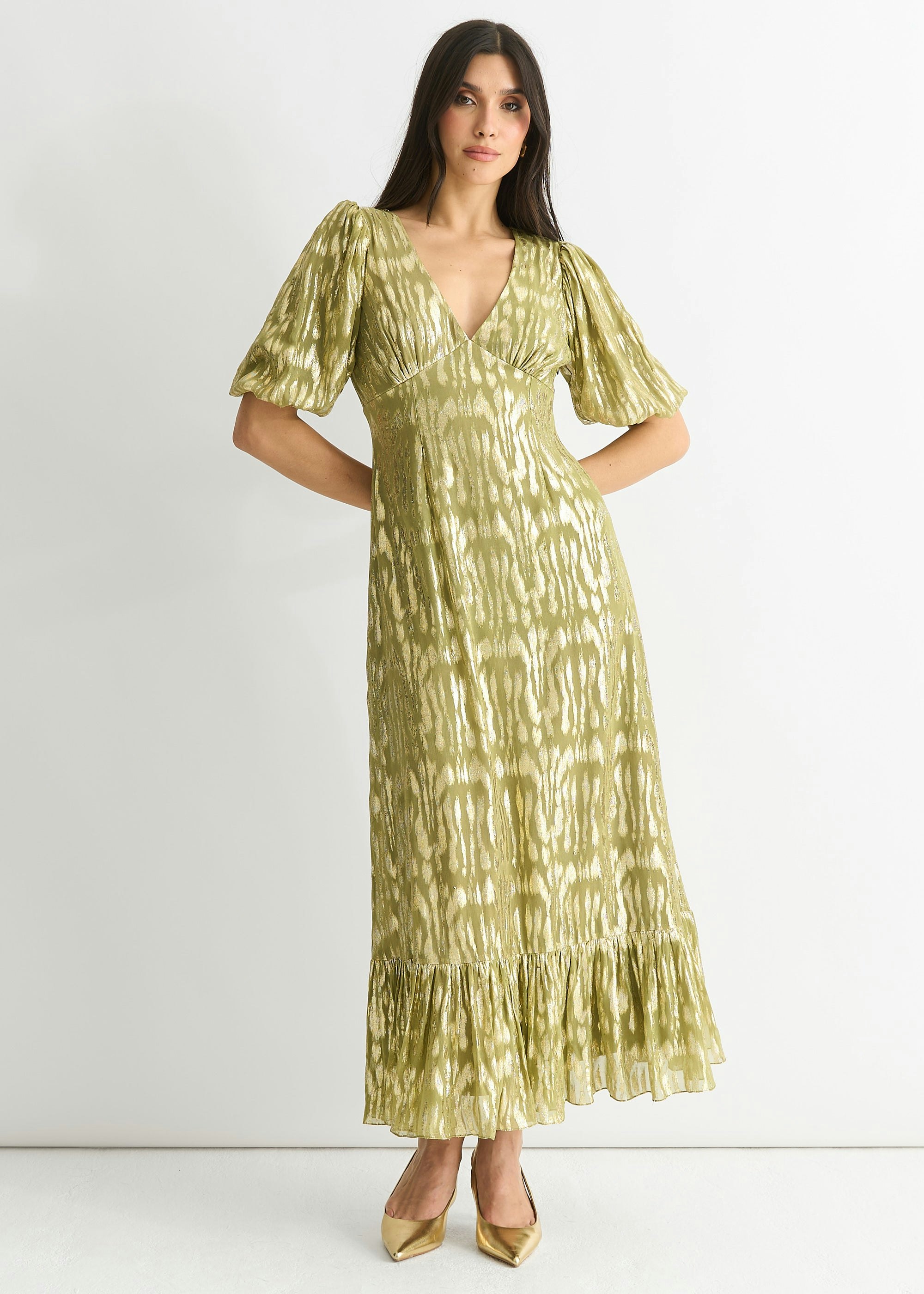Gini London Green Viscose Animal Jacquard Occasion Midi Dress - Image 3