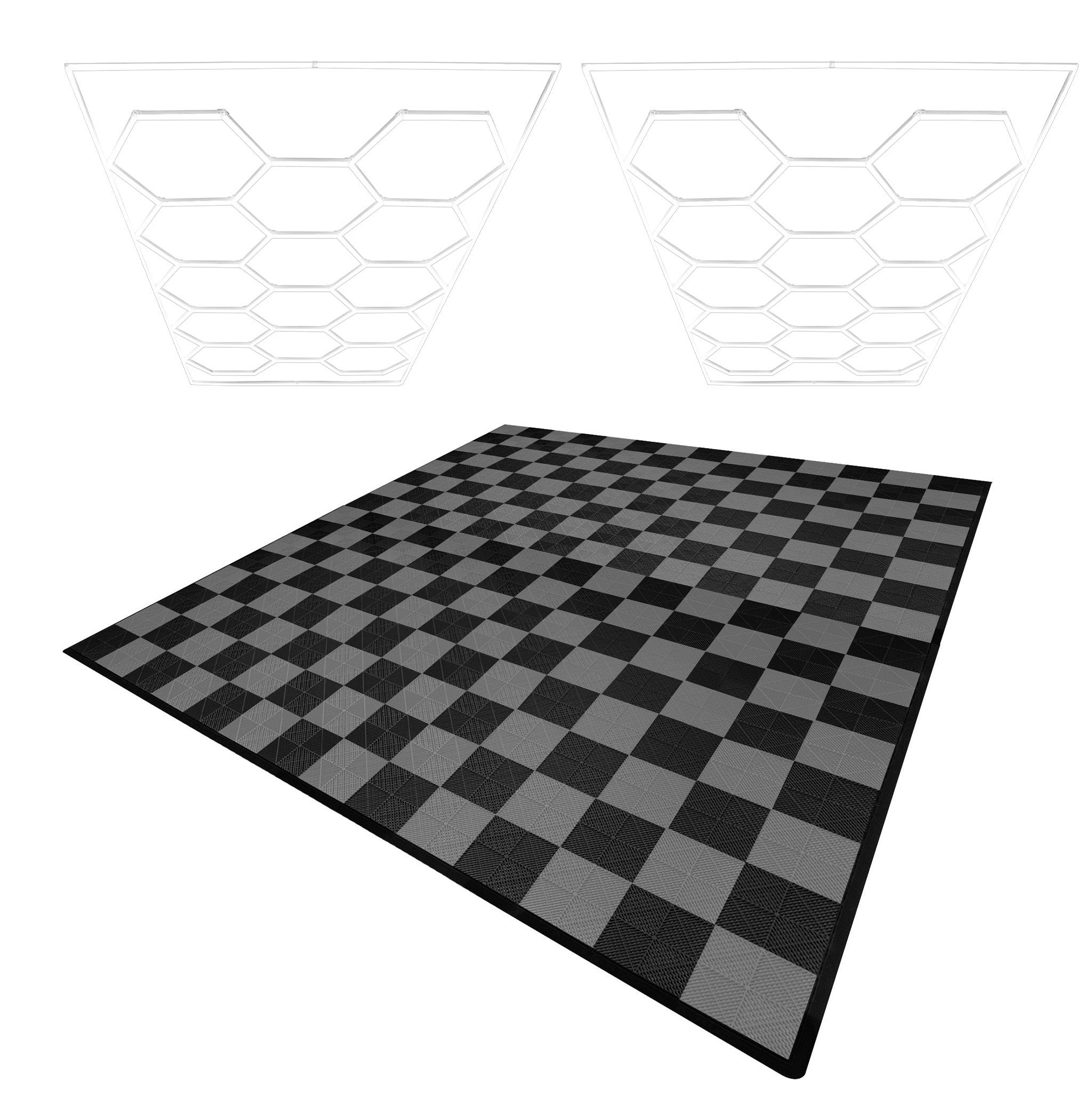 Rackhams Black/Grey Hexagon Led Lights X 2 & Vented Garage Floor Tiles With Edges - 120 & 120