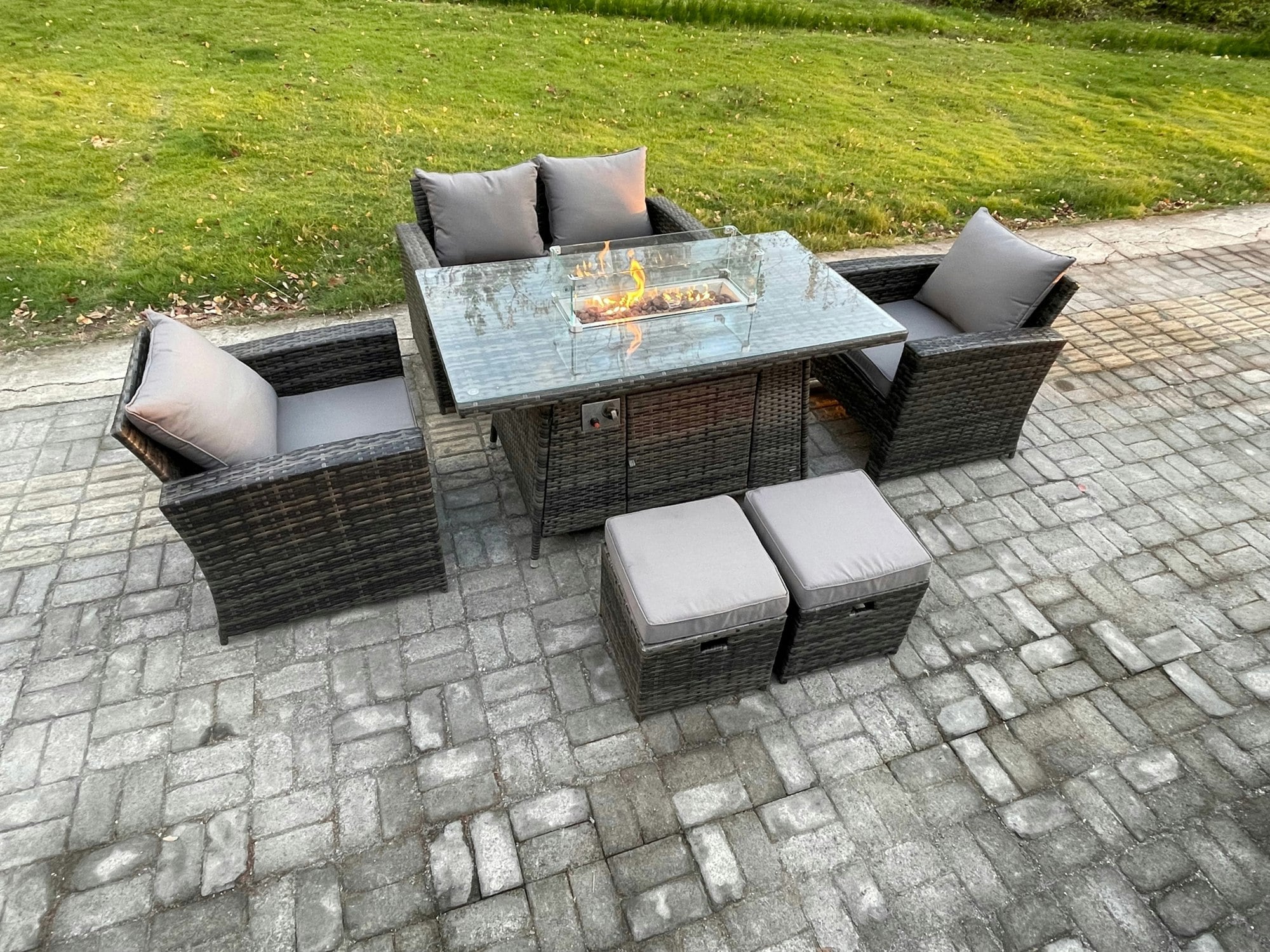 Rackhams Dark/Grey 6 Seater?Outdoor Rattan Sofa Set Garden Furniture Gas Fire Pit Dining Table Heater With 2 Small Footstools Mixed