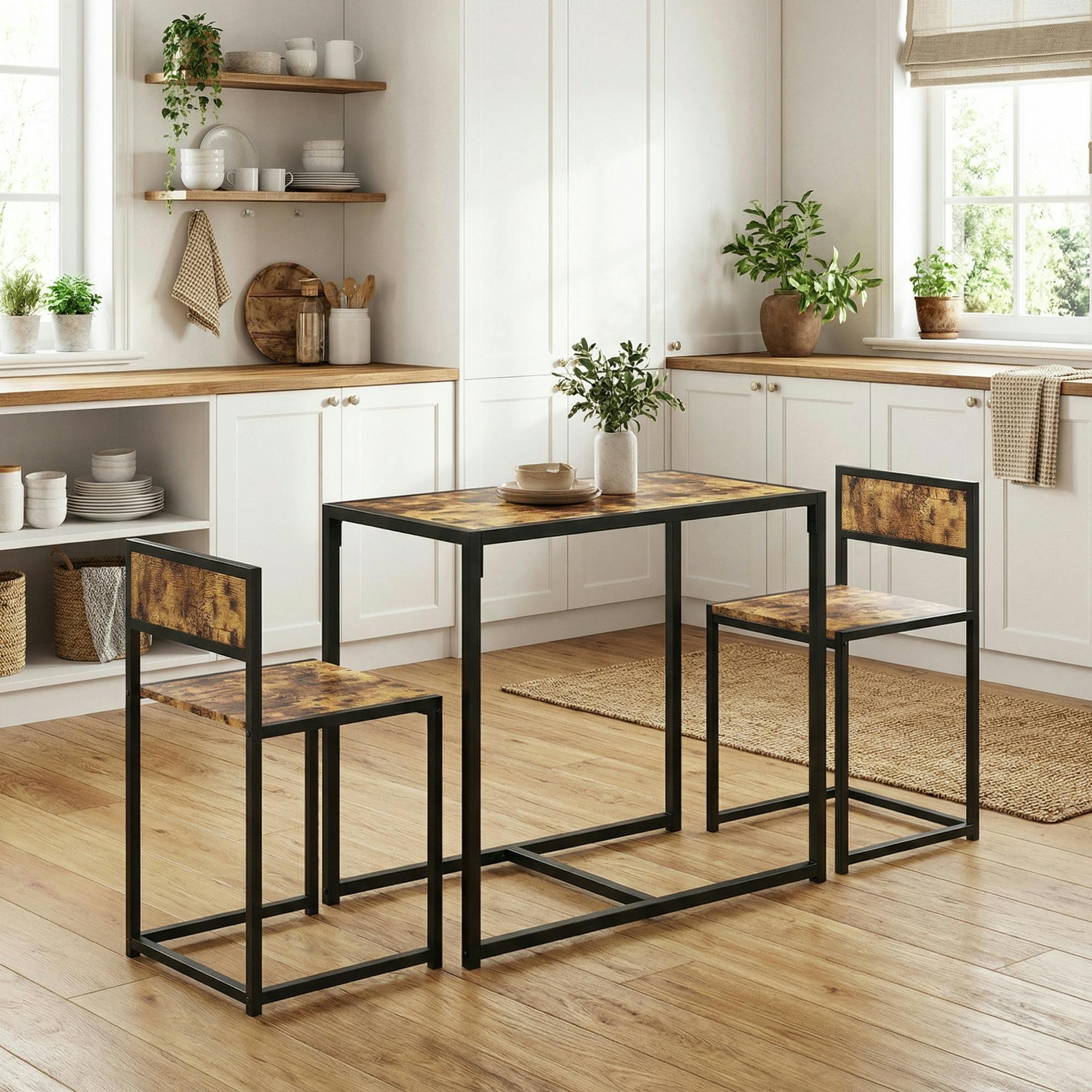 Rackhams Brown/Black 3 Piece Dining Table Set With Metal Frame - 1 Table And 2 Chairs - Rustic And