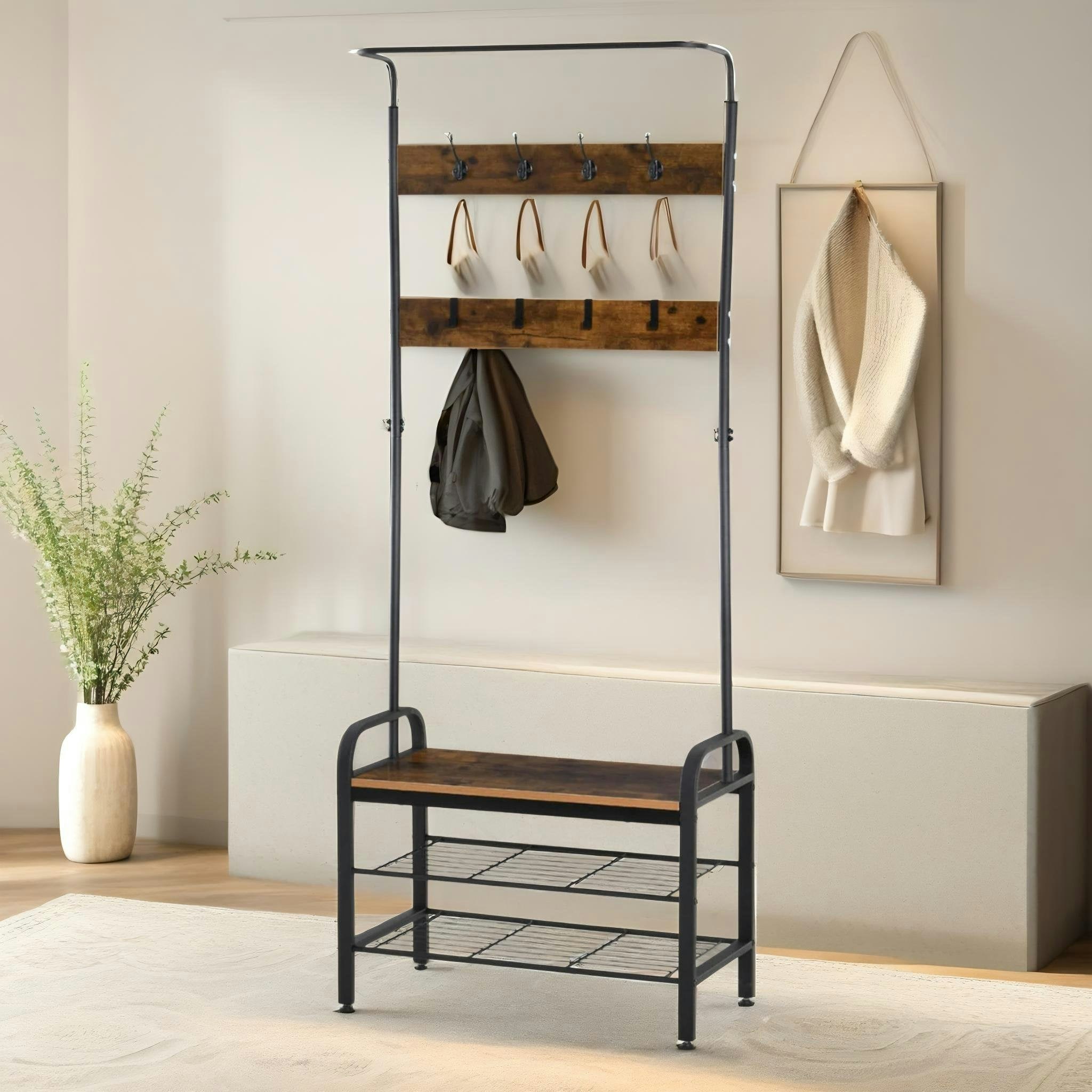 Rackhams Brown Industrial Hall Tree Coat Rack Stand With Shoe Storage