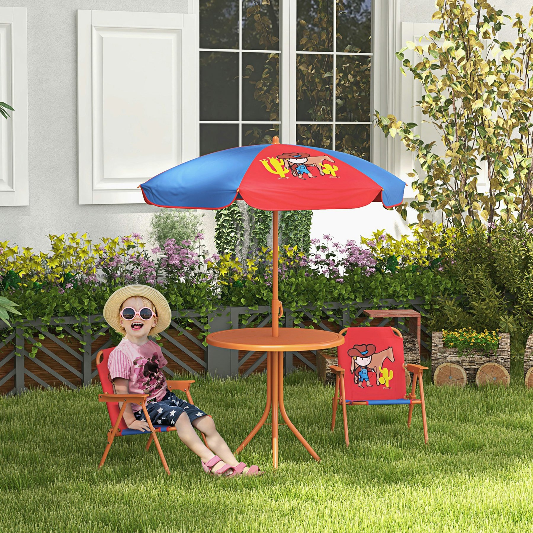 Rackhams Kids Bistro Table And Chair Set W/ Cowboy Theme, Adjustable Parasol