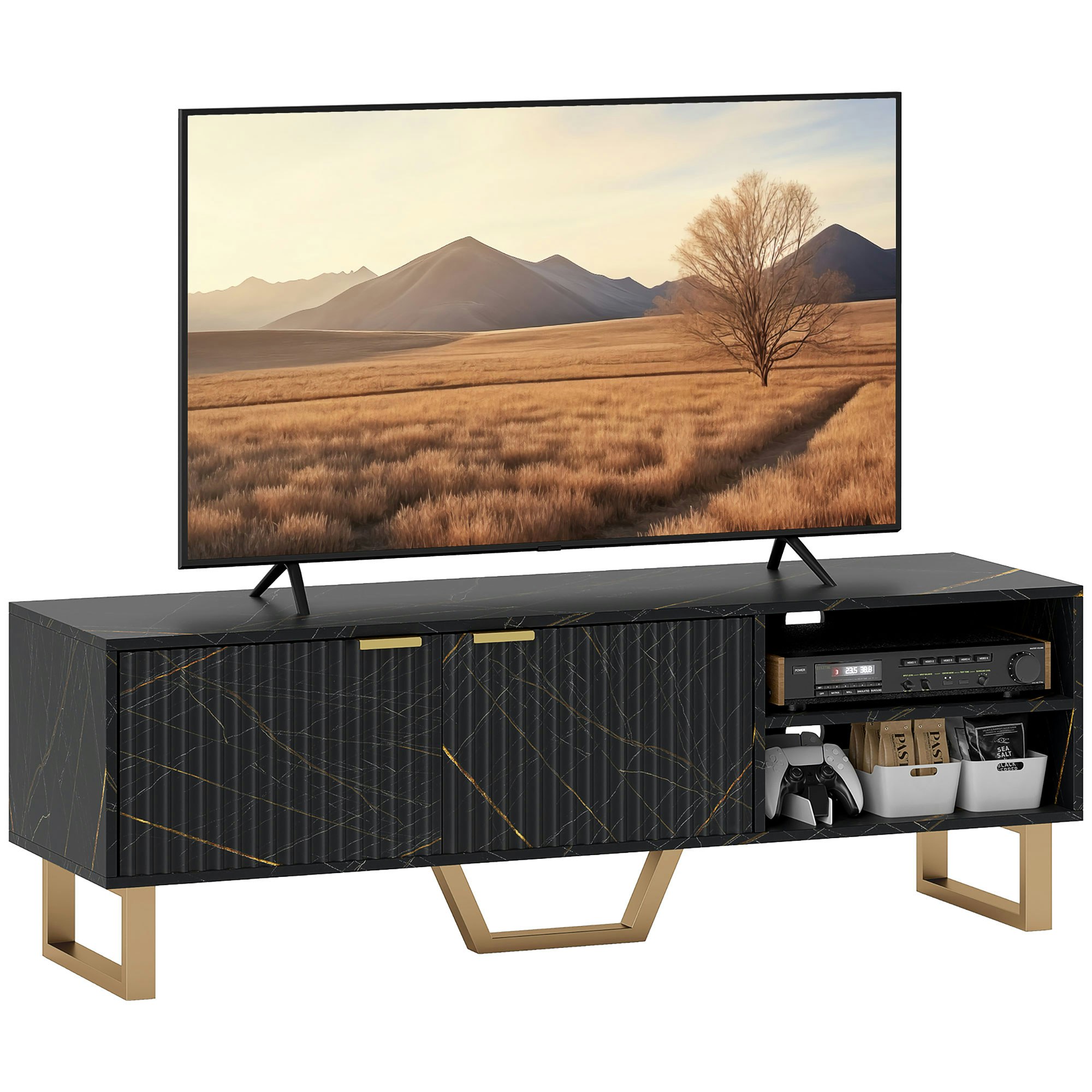 Rackhams Black Tv Unit, Tv Stand Cabinet With Shelves And Storage Cupboard,