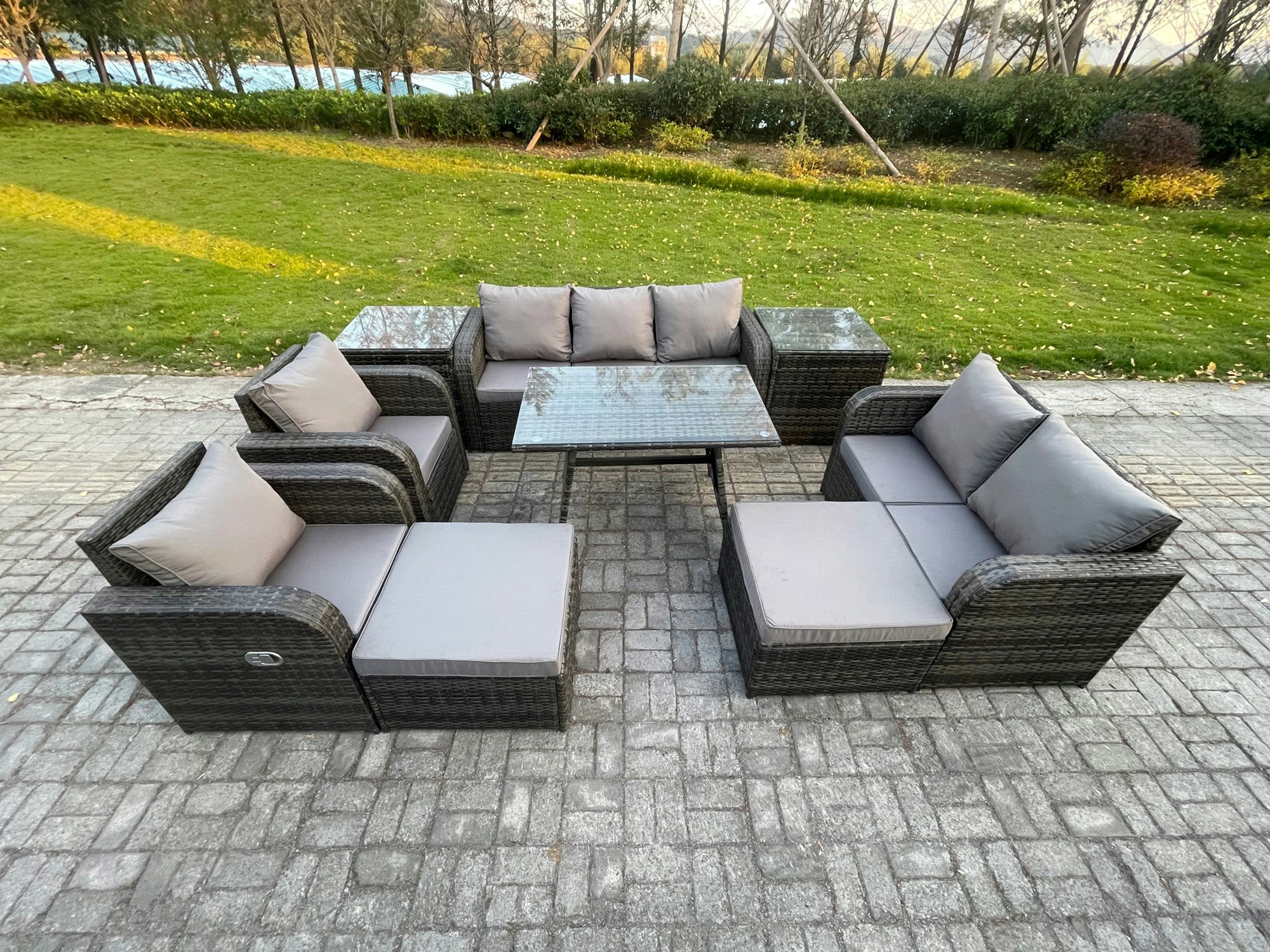 Fimous Dark/Grey Outdoor Rattan Garden Furniture Set 9 Seater Patio Lounge Sofa Set With Dining Table 2 Big Footstool 2 Side Tables Mixed