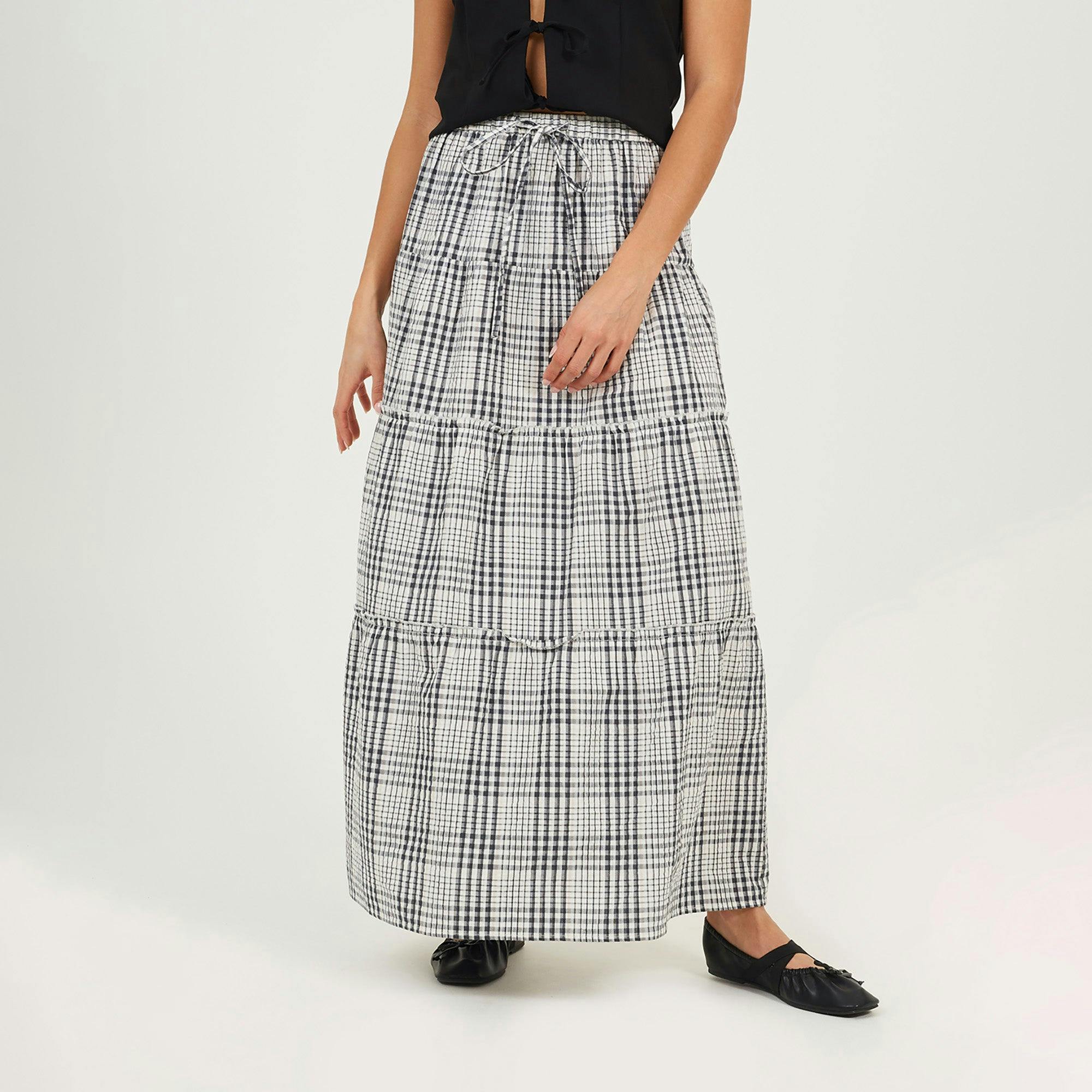 Brave Soul Brown Check Tiered Maxi Skirt - S