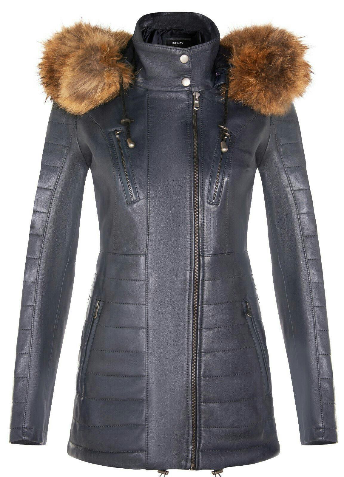 Infinity Leather Women's Slim Fit Leather Hooded Parka Jacket-Northam - Navy - Uk M/12 | Eu 38 | Us 8