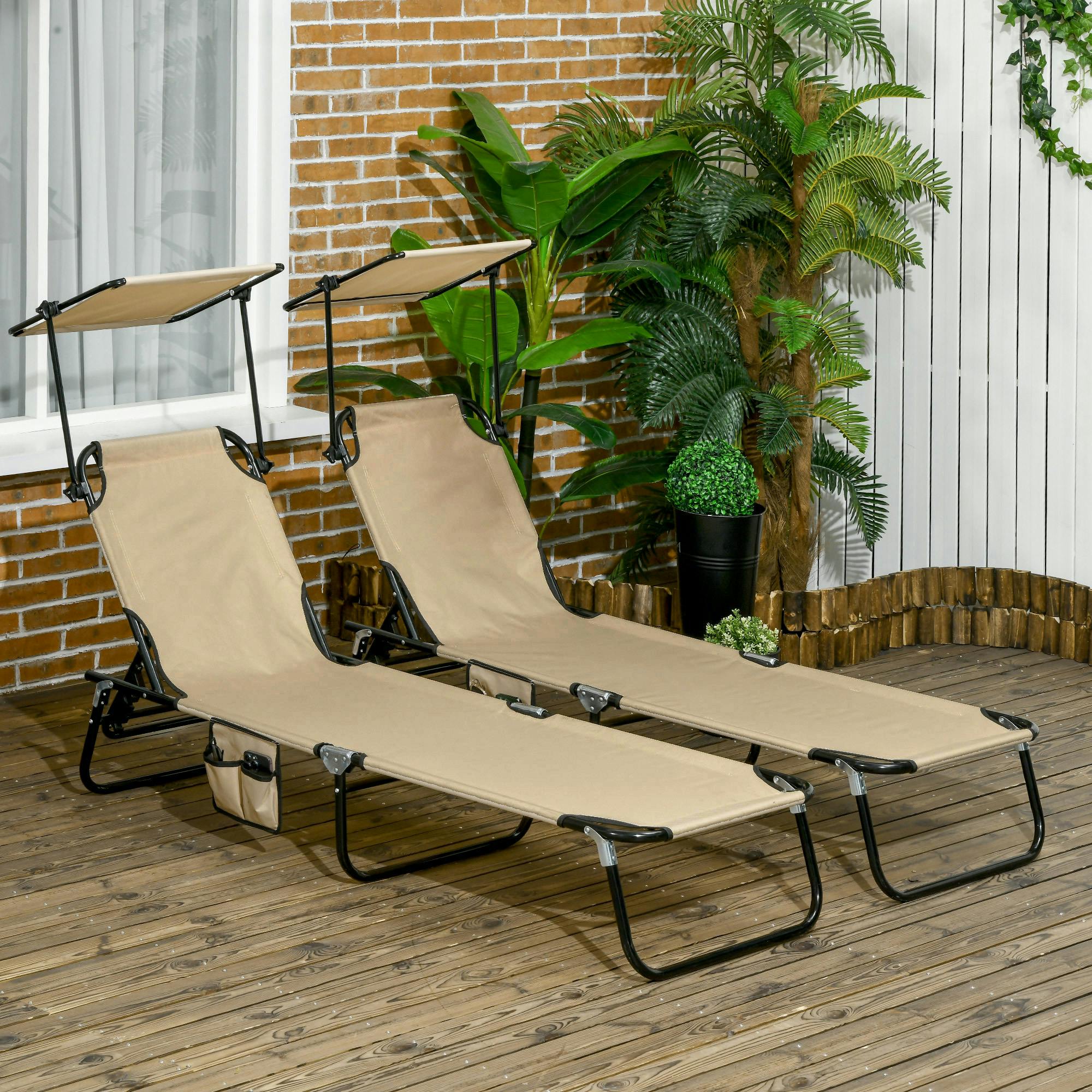 Rackhams Black/Brown 2 Piece Folding Sun Loungers With Adjustable Backrest, Sunshade, - Tan