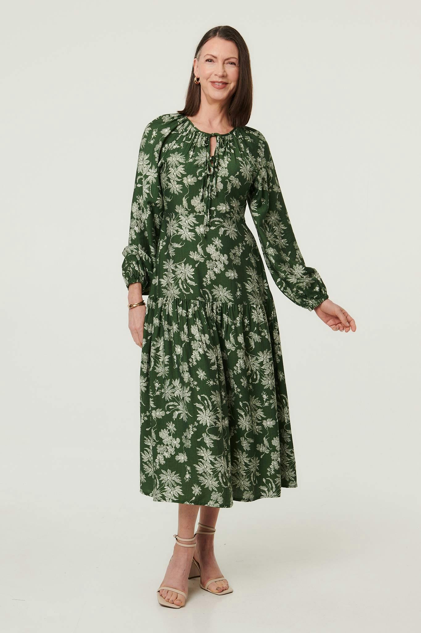 Izabel London Green Floral Long Sleeve Tie Neck Maxi Dress - 18