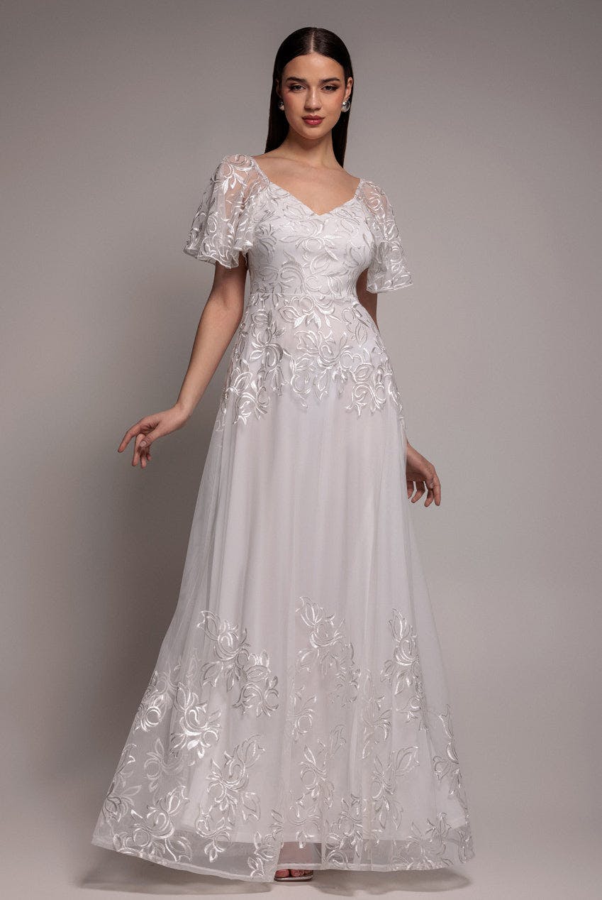 Goddiva White Lace Flutter Sleeve Embroidered Mesh A Line Maxi Dress - By - 14