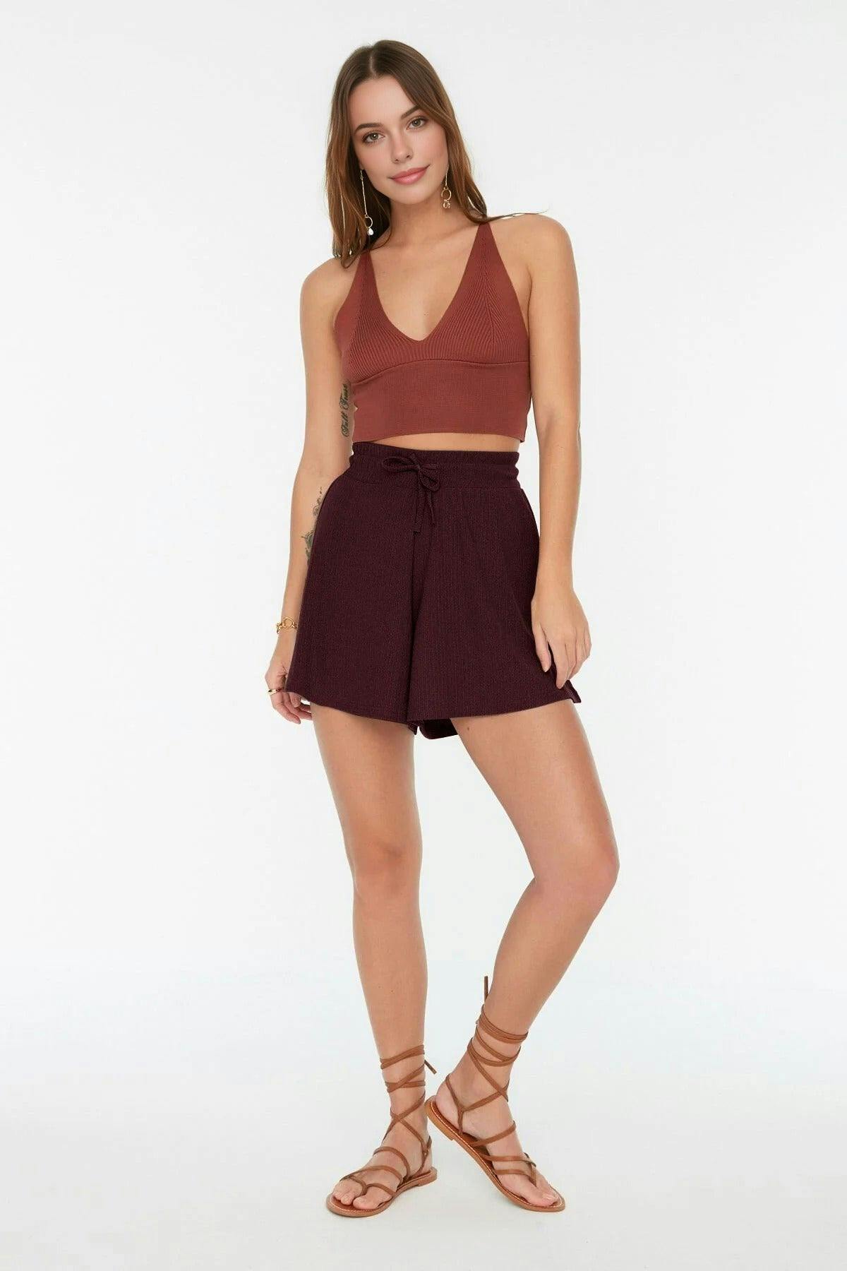 Wovcor Burgundy Regular Fit Normal Waist Textured Knit Shorts - S