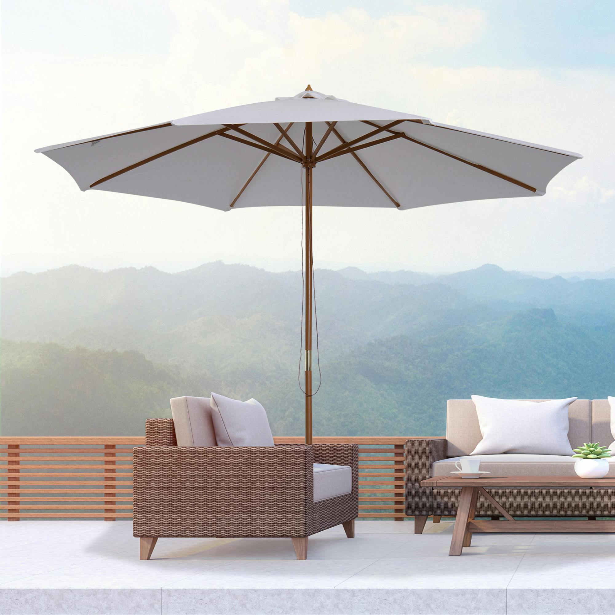 Rackhams Cream/White 3(M) Garden Parasol, Pulley Operated Patio Umbrella, Wooden Parasol, Table Market Umbrella With Rope Pulley Mechanism And 8 Ribs, - 300Cm X 300Cm X 250Cm