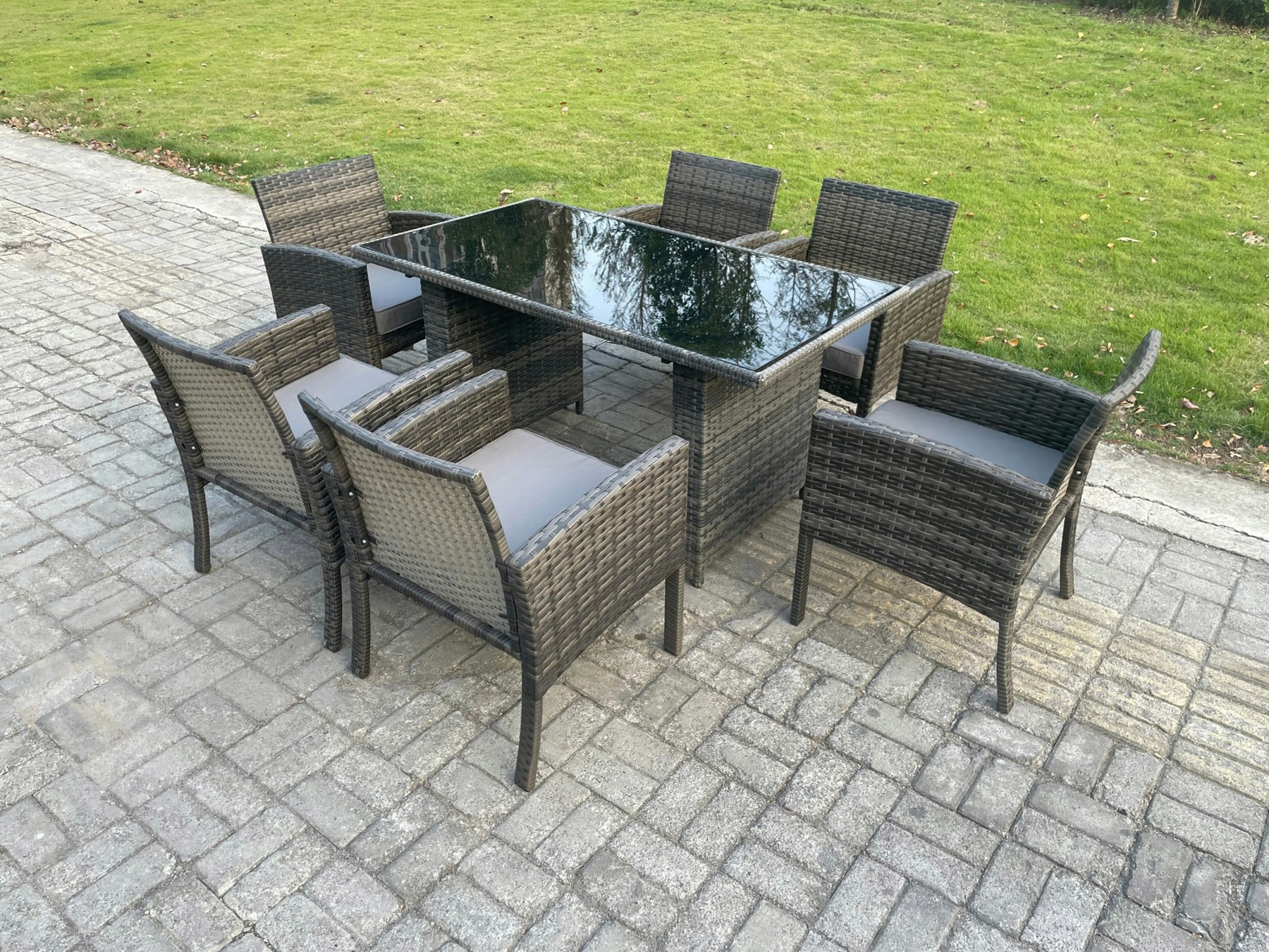 Fimous Dark/Grey Wicker Pe Outdoor Rattan Garden Furniture Arm Chair And Table Dining Sets 6 Seater Rectangular Table Mixed