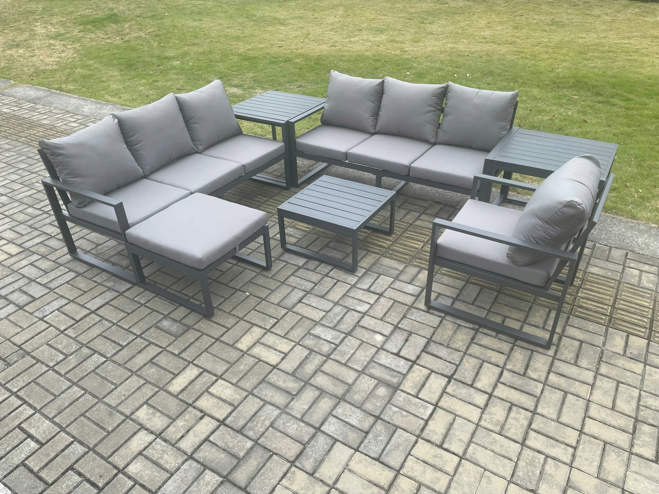 Fimous Dark/Grey Aluminium 8 Seater Outdoor Garden Furniture Lounge Sofa Set With Square Coffee Table Chair Big Footstool 2 Side Tables