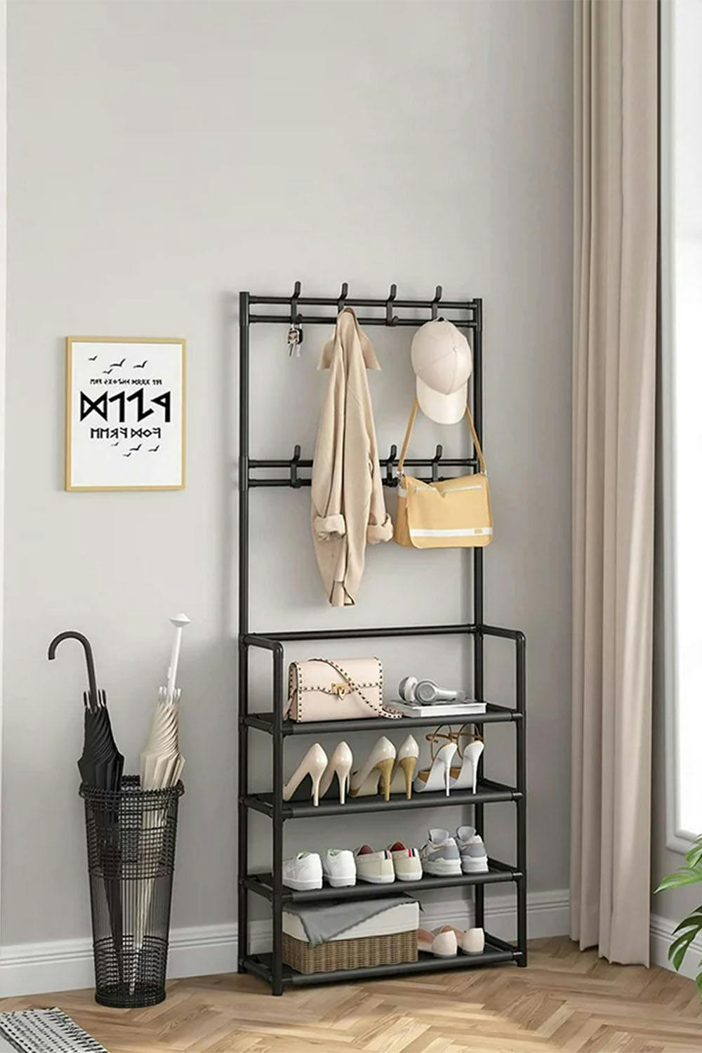 Rackhams Black 4 Tier Shoe Shelf Storage Organizer With Hooks Clothes Hanger Garment Rack - One Size