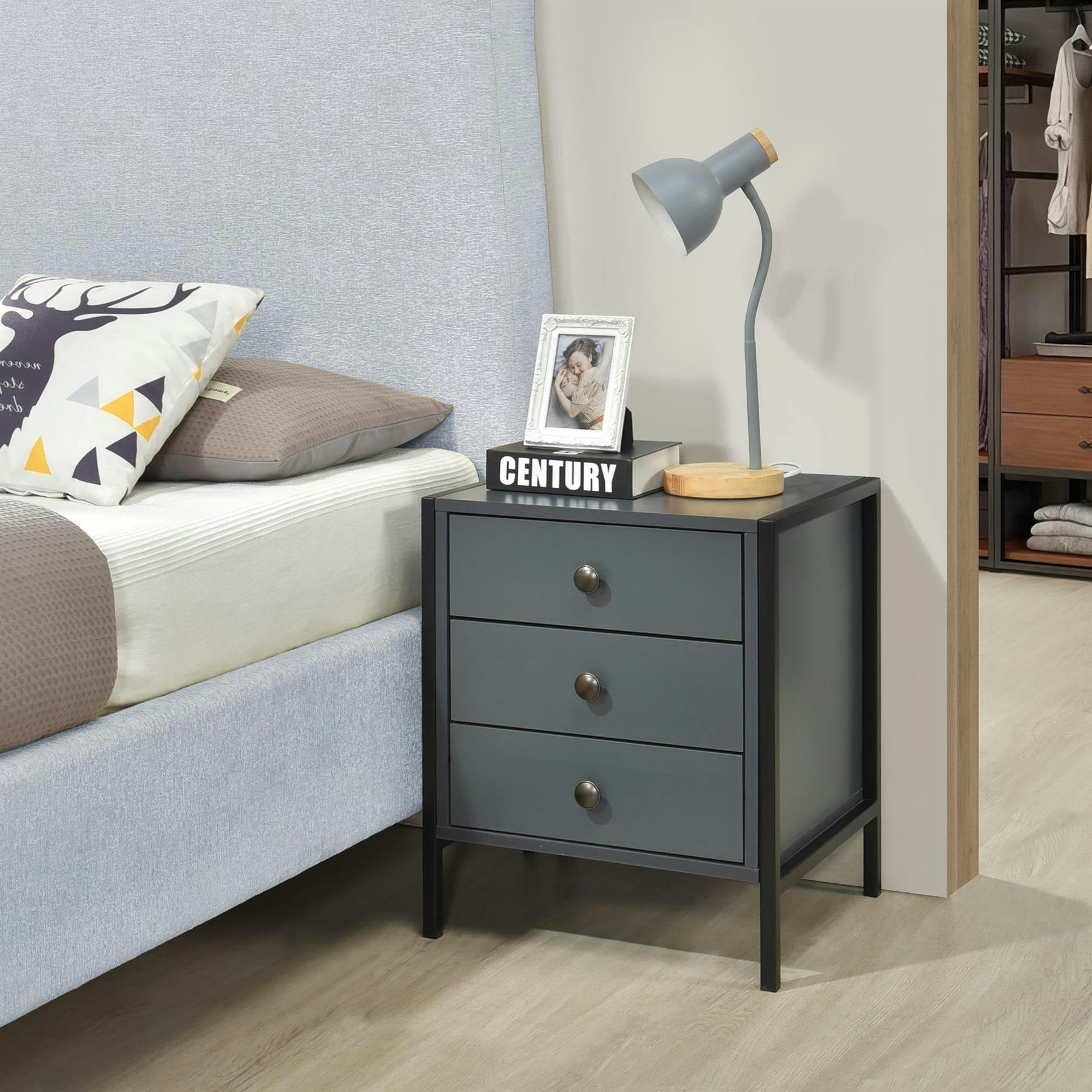 Swish Furniture Dark/Grey Alva 3 Drawer Bedside