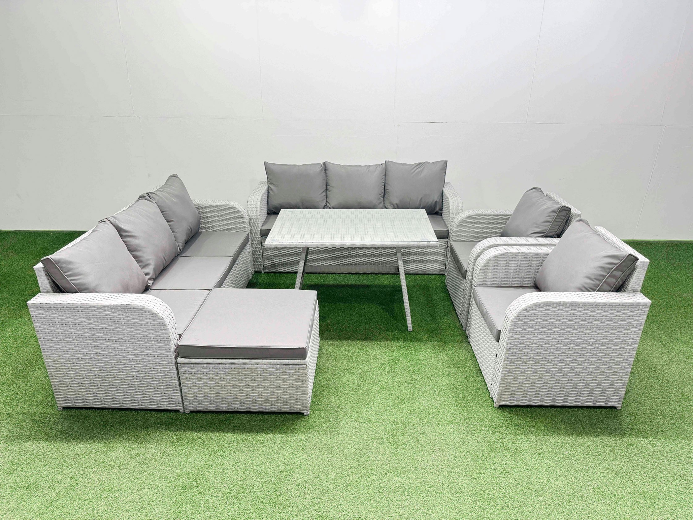 Fimous Light/Grey Rattan High Back Lounge Sofa Set Patio Dining Table & Chairs Set With 3 Seater Sofa 2 Reclining Chairs Big Stool