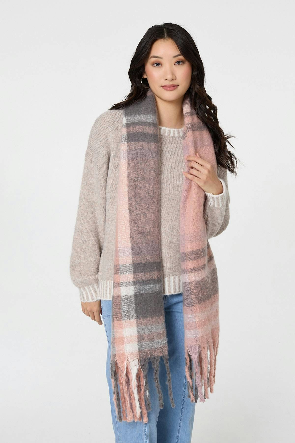 Izabel London Pink Checked Print Fringed Oversize Scarf - One