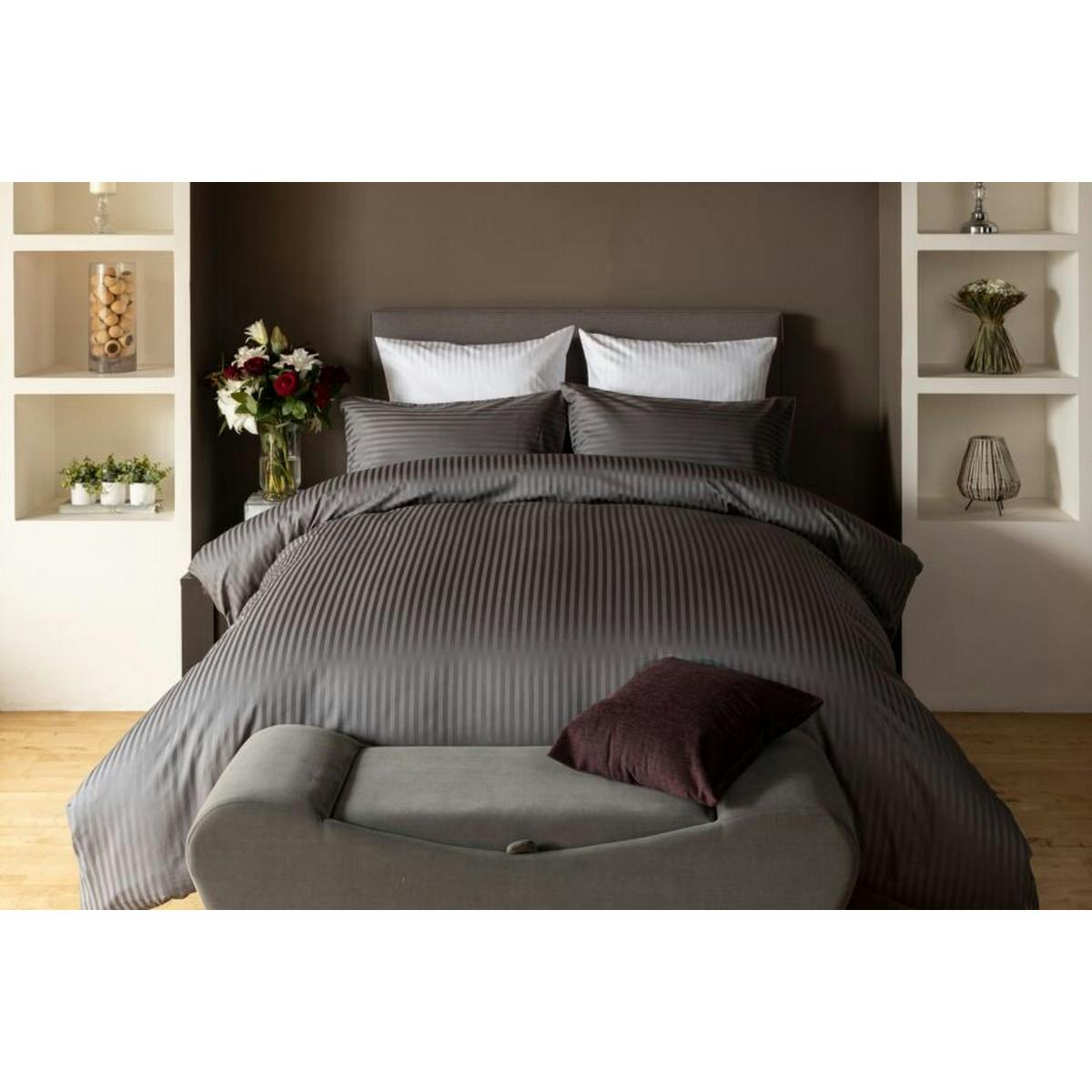 Belledorm Hotel Suite Stripe Duvet Cover Set - Charcoal - King - Charcoal - 100% Mixed