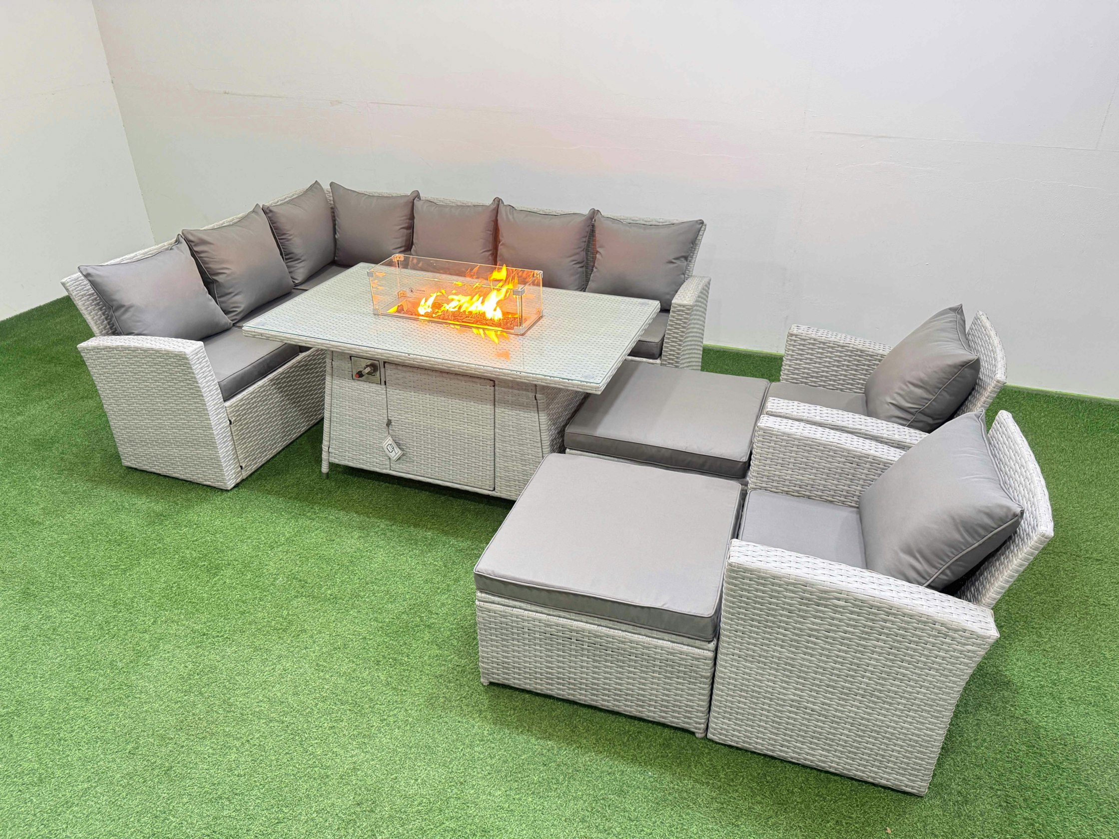 Fimous Light/Grey Outdoor Furniture Garden Dining Set Rattan Corner Sofa Chair Sets Gas Fire Pit Table With Temper Glass Footstools 10 Seater Mixed