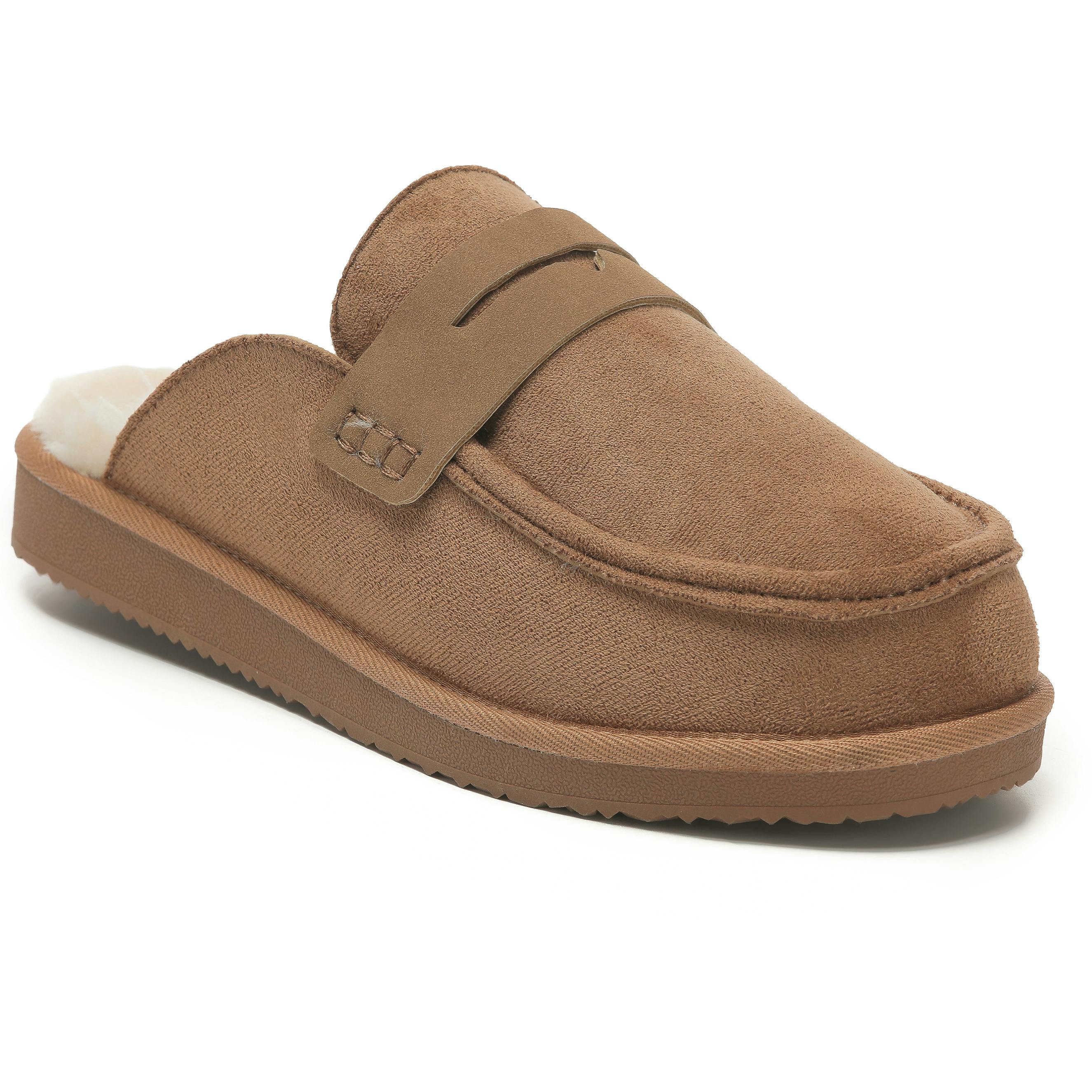 Viva Women's Polar Faux Fur Lined Penny Loafer Slip On Slippers Cosy Suede - 6 - Tan