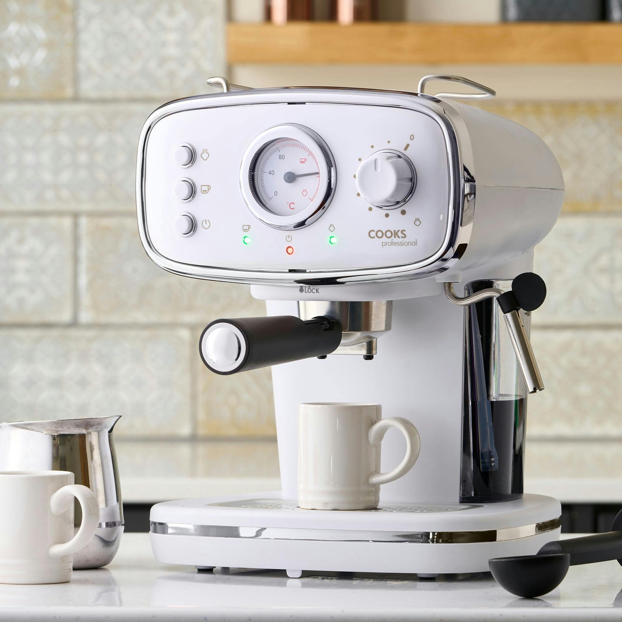 Cooks Professional Retro Espresso Machine | White / Silver - Image 4