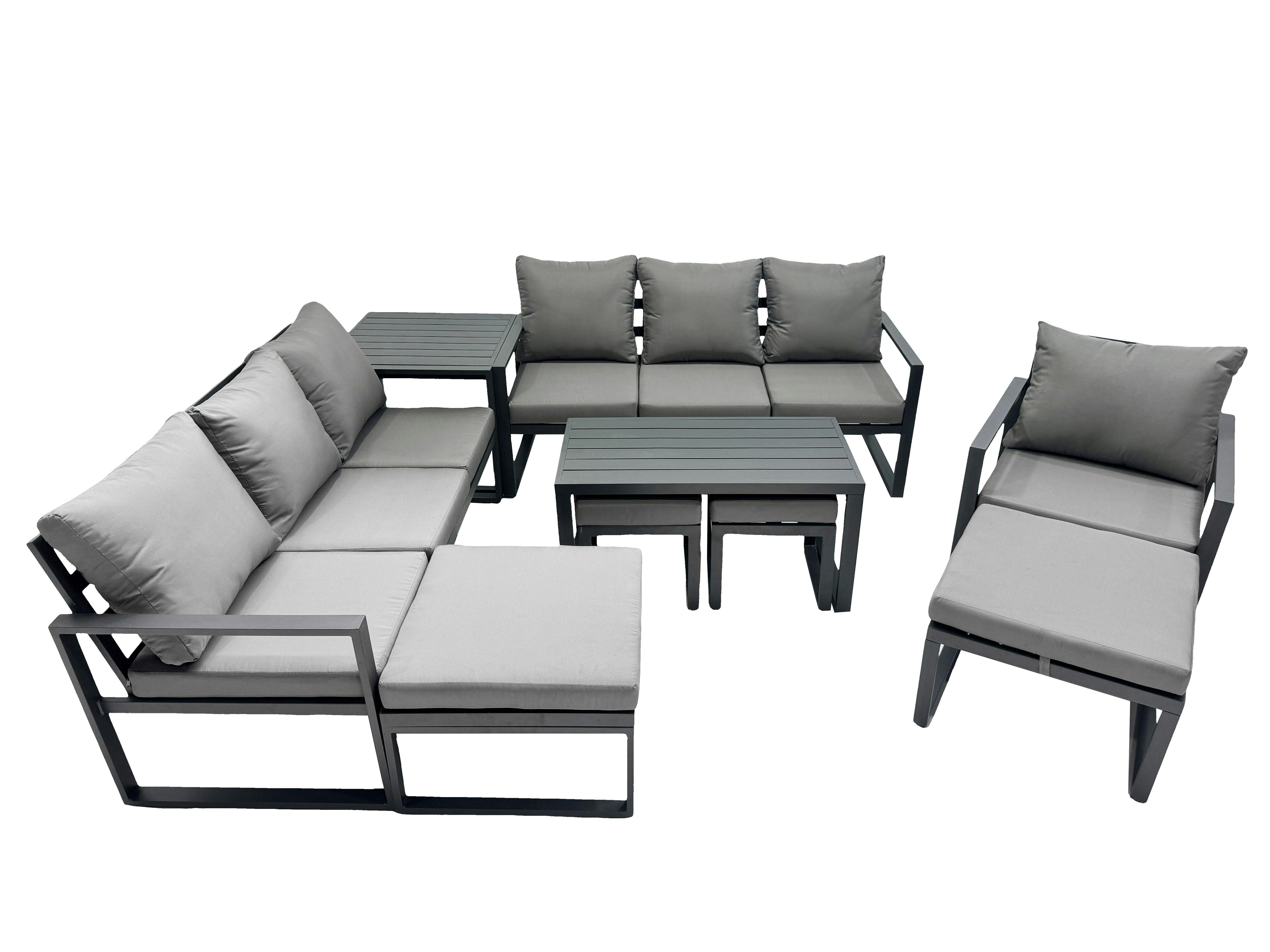 Rackhams Dark/Grey Outdoor Garden Furniture Set Aluminium Lounge 3 Seat Sofa Oblong Coffee Table Sets With Chair 4 Stools Side Table