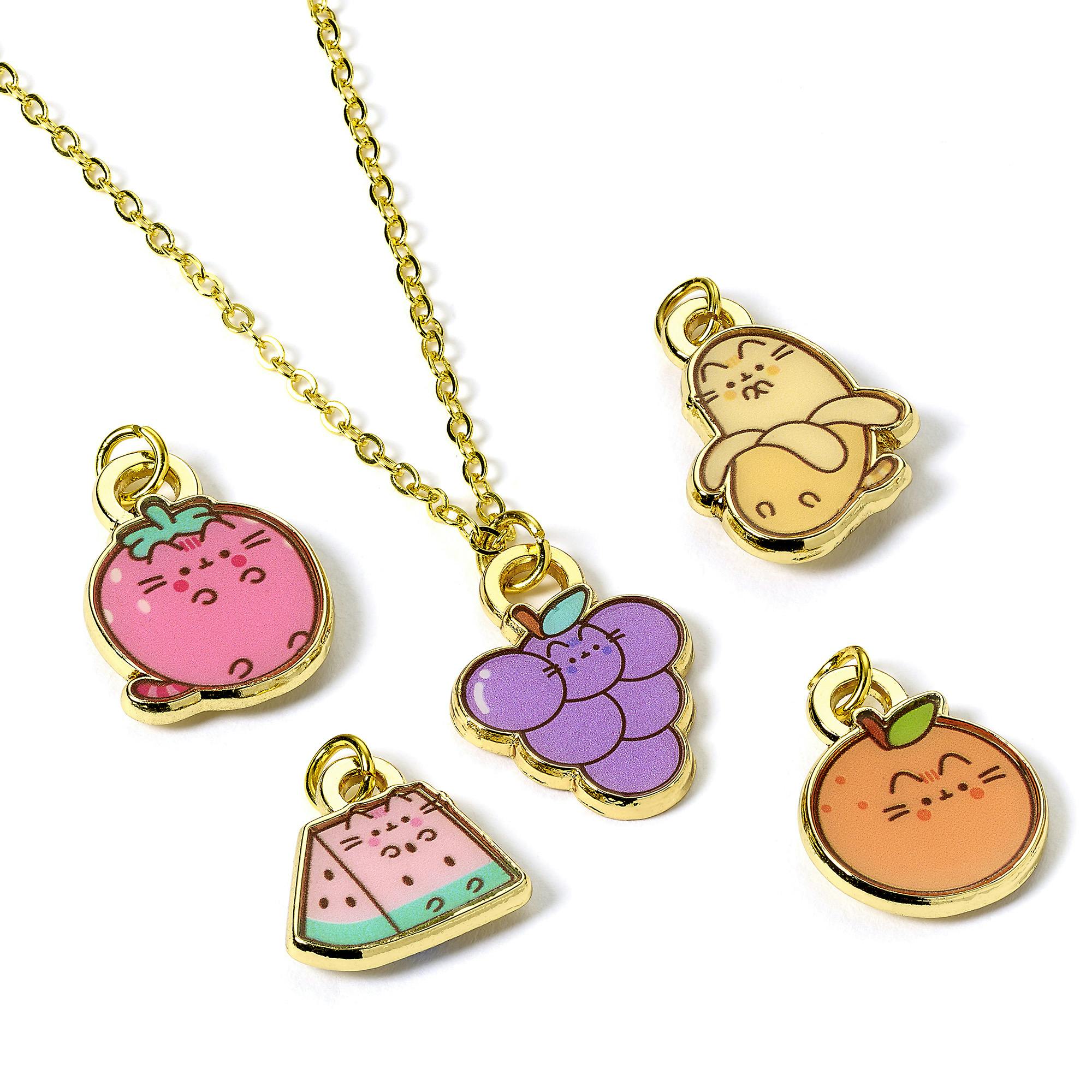 The Carat Shop Gold/Orange Pusheen The Cat Multi Charm Fruits Themed Necklace Set