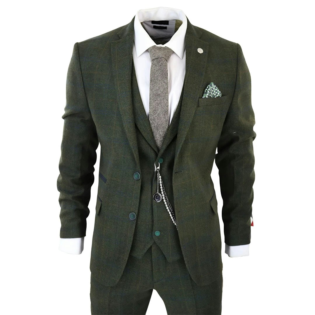 Truclothing Men's Green/Blue/Brown Stz71 - 3 Piece Suit Wool Tweed Check 1920S Gatsby Formal Dress Suits - 50" Jacket 44" Trousers