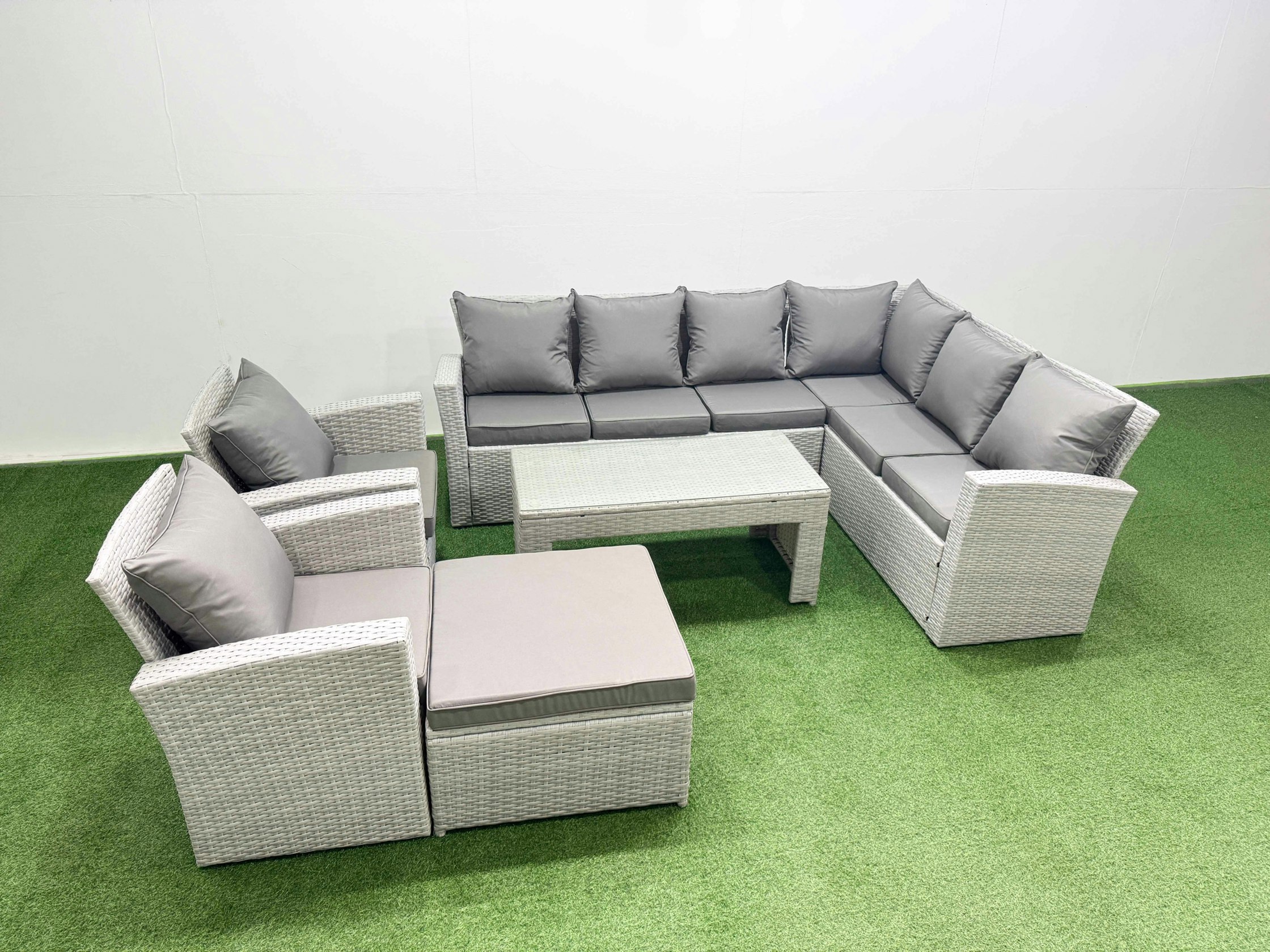 Rackhams Light/Grey Rattan Garden Furniture Set 6 Pieces Outdoor Garden Sofa Oblong Coffee Table Set With 2 Chairs Big Footstool Mixed