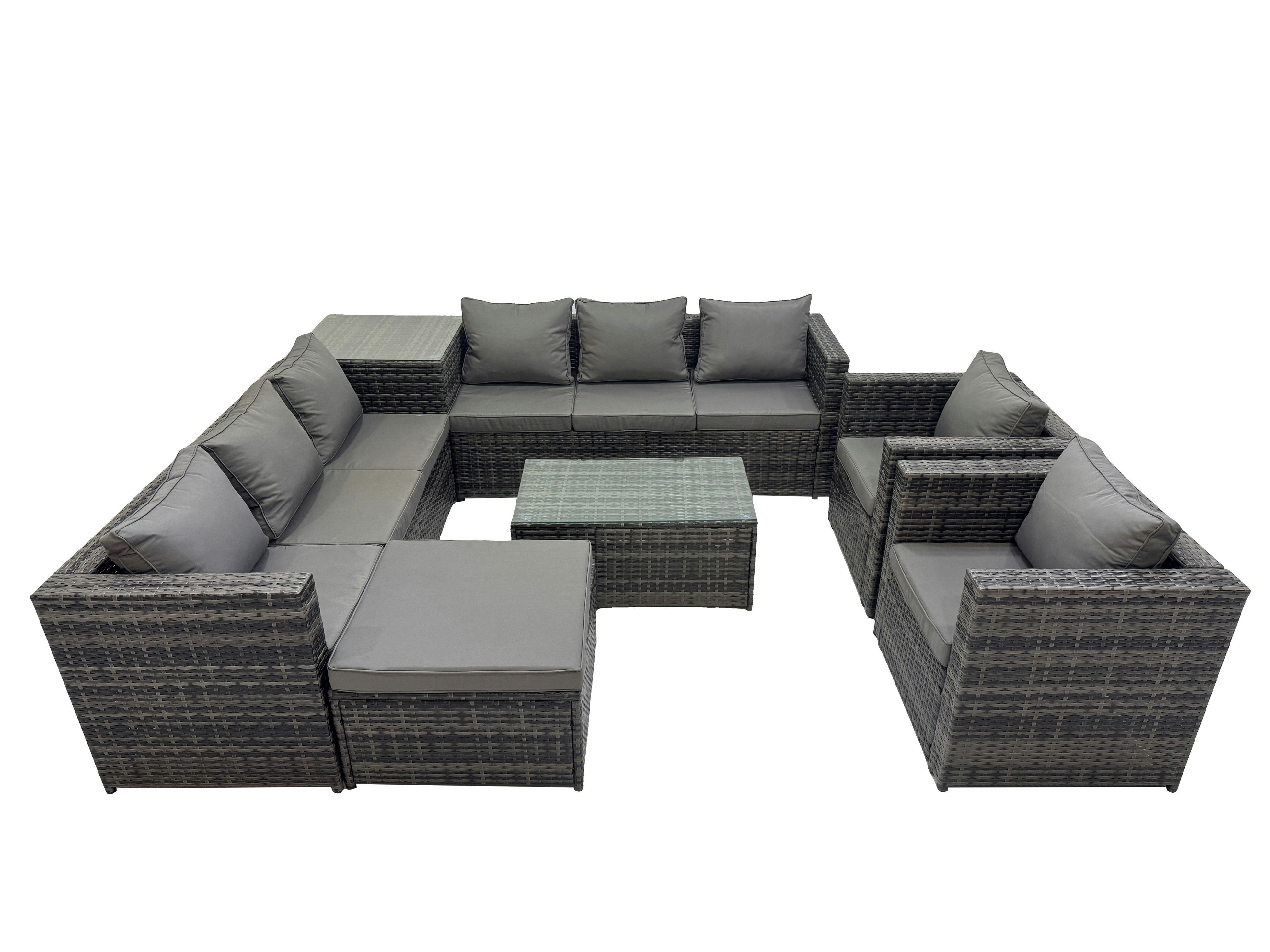 Fimous Dark/Grey 9 Seater Garden Outdoor Rattan Furniture Set Patio Corner Sofa Rectangular Coffee Table With Big Stool Side Table