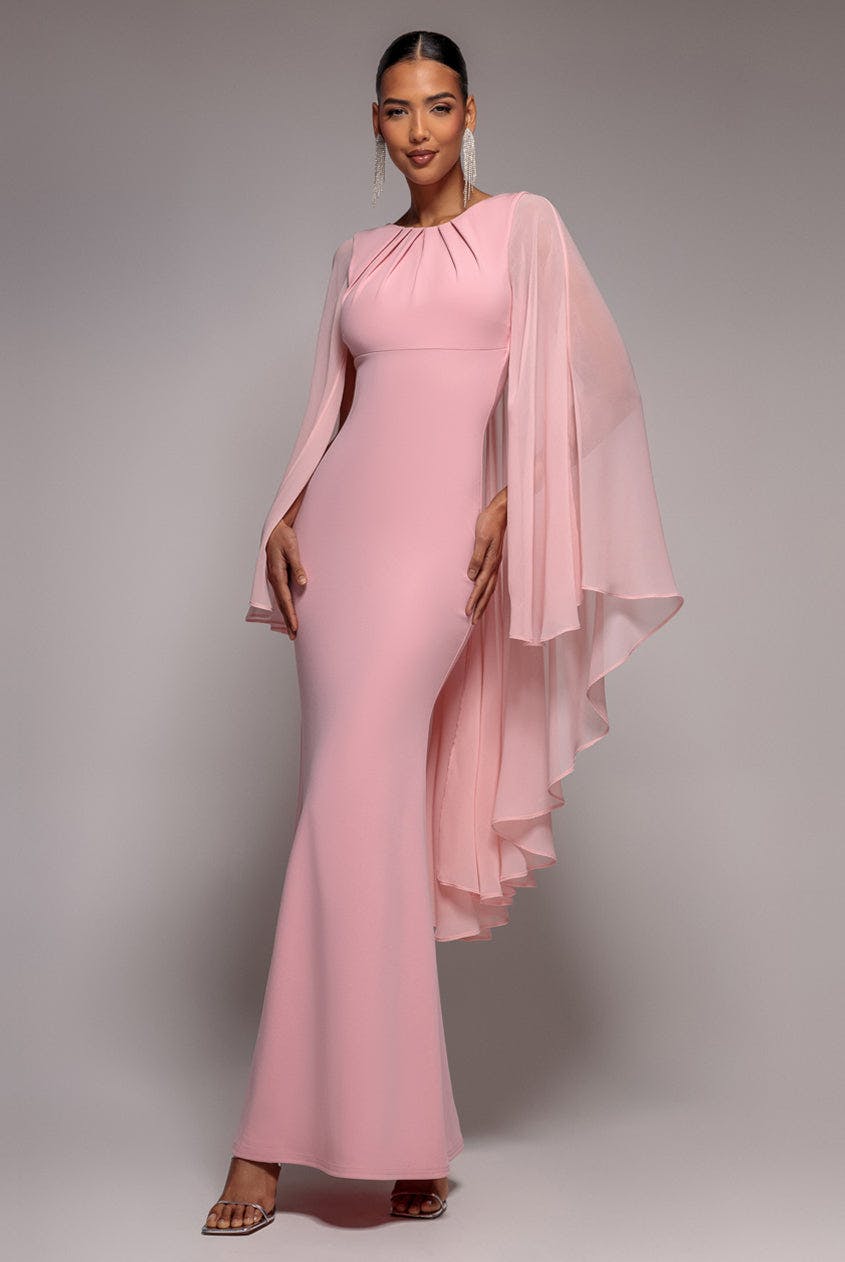 Goddiva Pink Cape Sleeve Chiffon And Scuba Crepe Maxi Dress - Blush By - Blush - 18