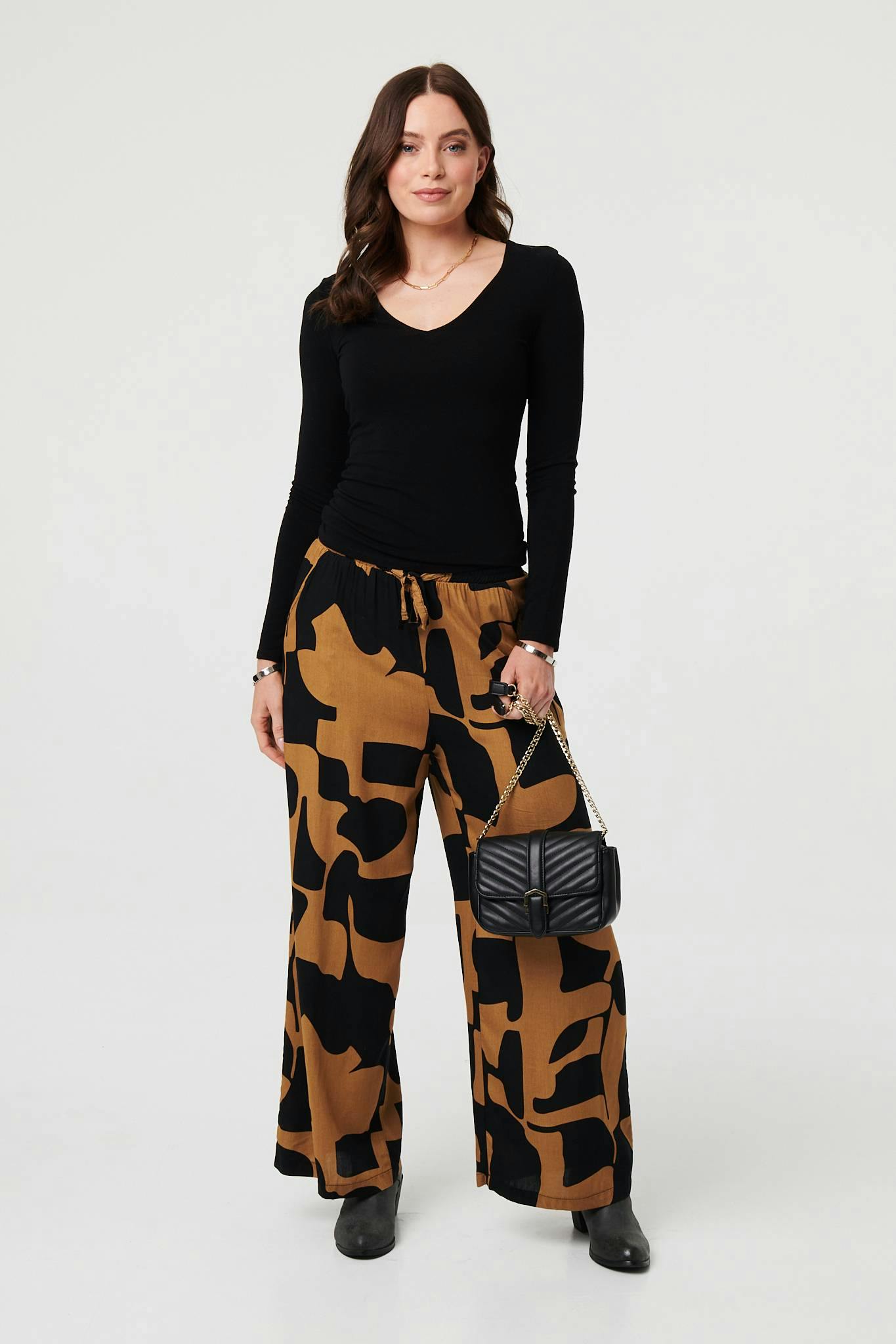 Izabel London Brown Abstract Drawstring Waist Wide Trousers - 10