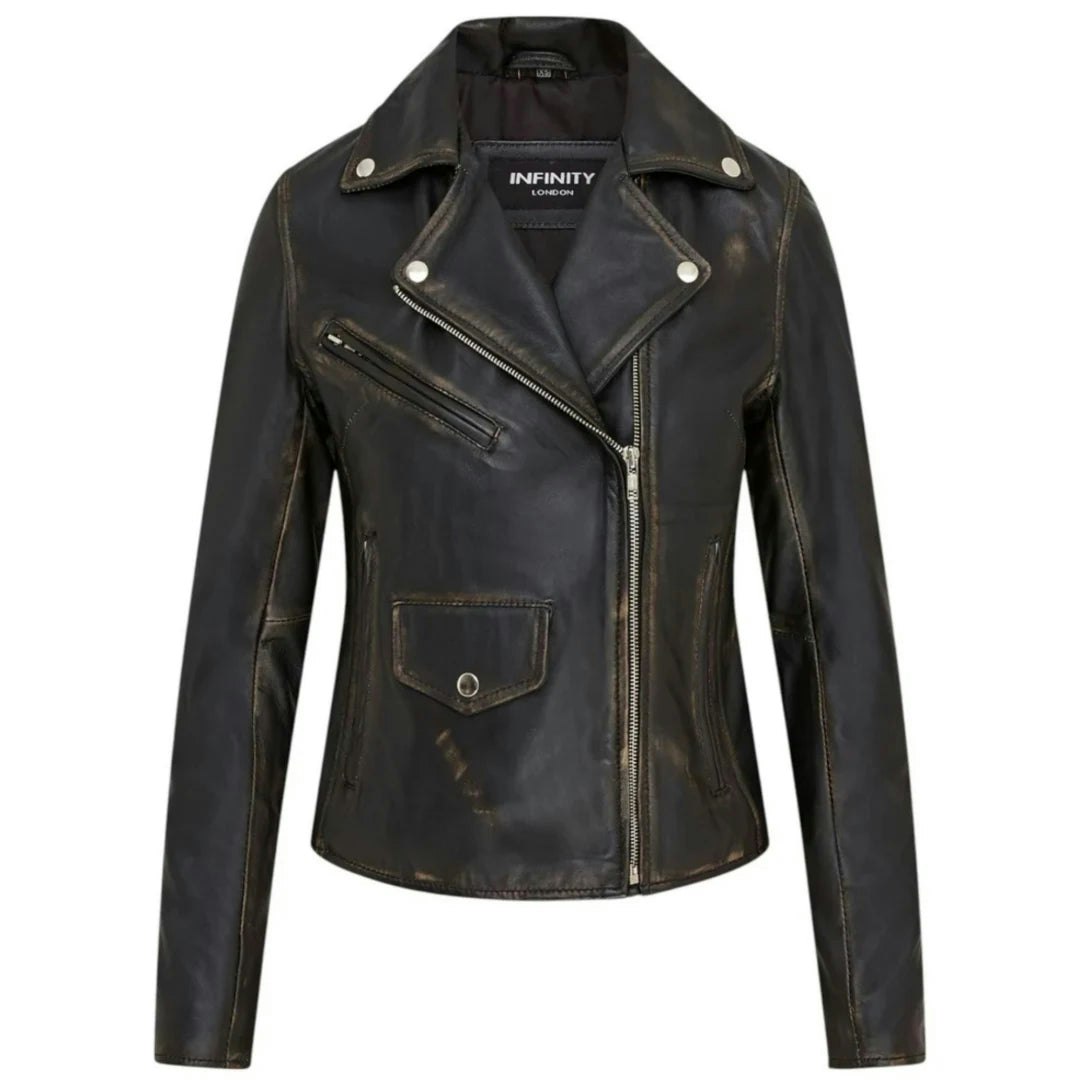 Infinity Leather Women's Black/Brown Leather Company Real Leather Brando Style Biker Jacket - Uk 14
