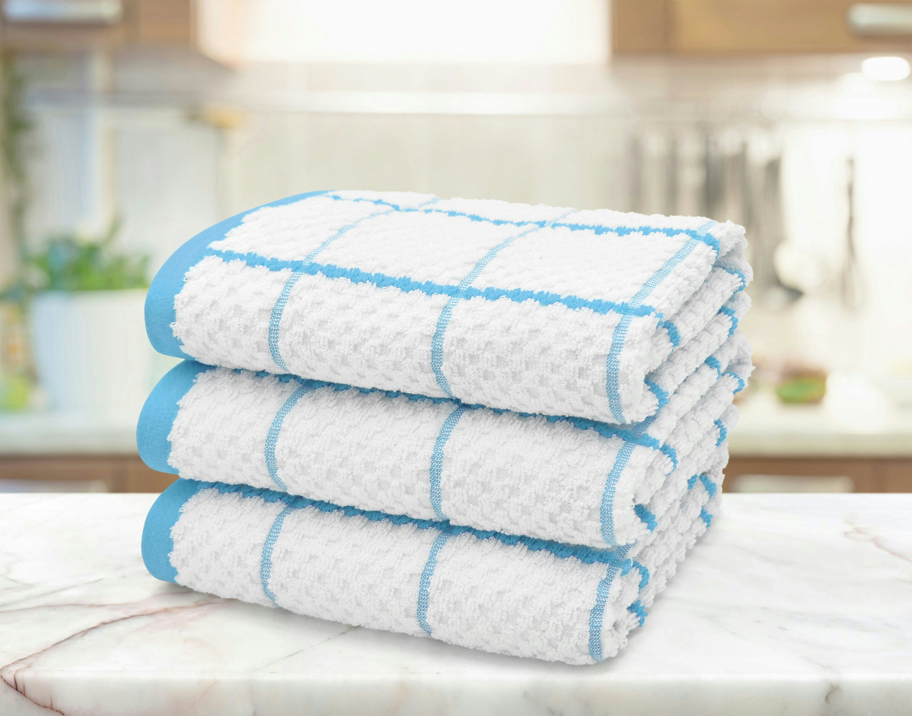 Velosso Embroiderd Woven Checked Cotton Tea Towel 3 Pack - Teal - One Size