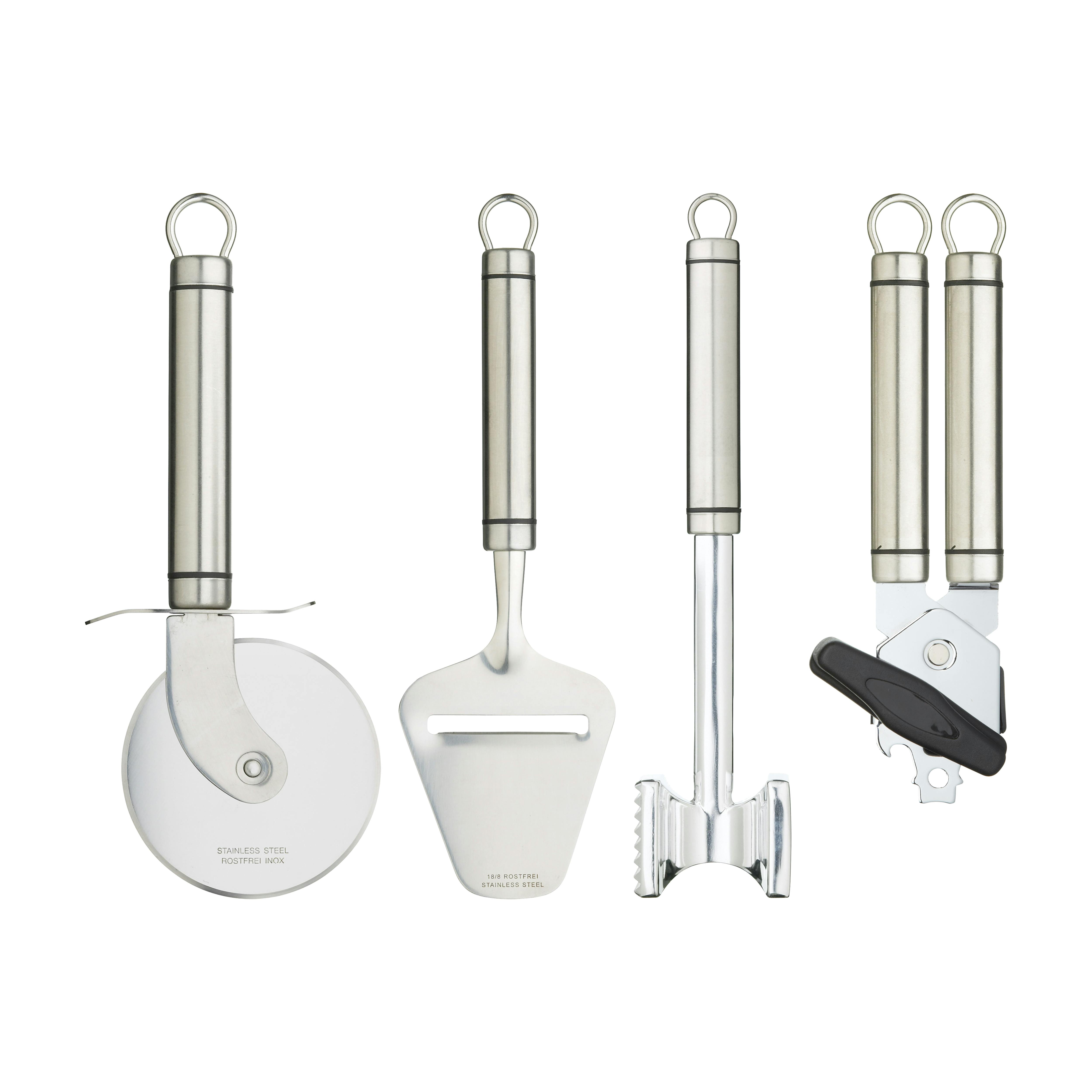 Rackhams Silver Oval Handled Professional Stainless Steel Kitchen Tools, 4Pc Set - Cheese Planer, Pizza Cutter, Meat Tenderiser Hammer And Tin Opener - Stainless Steel - Tools