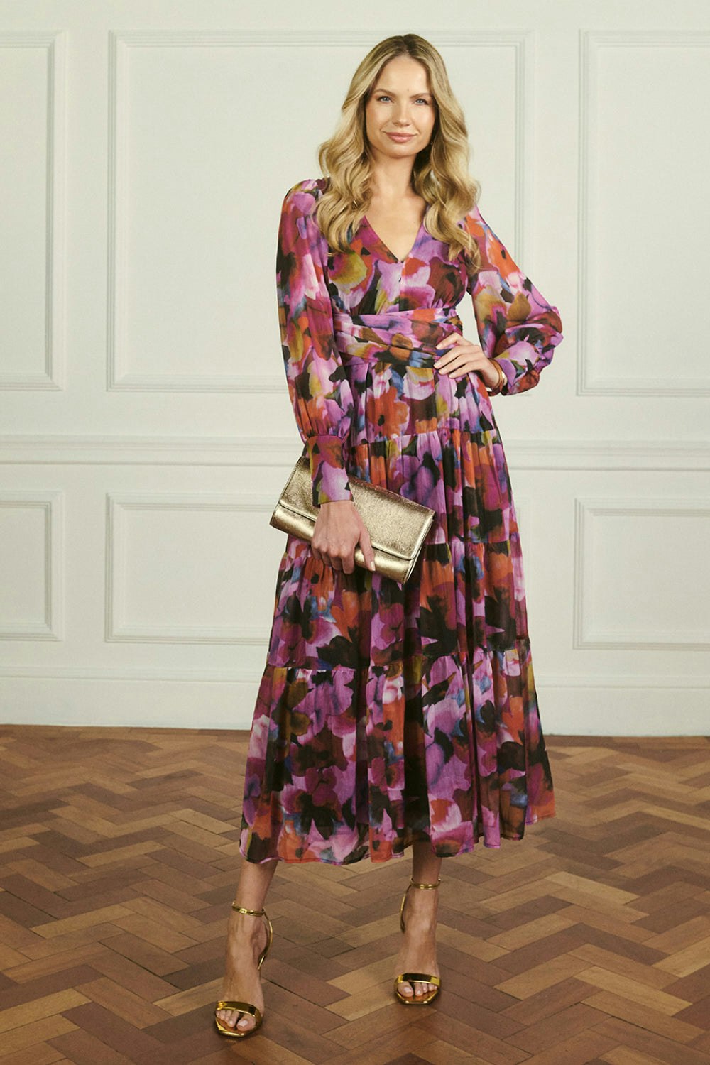 Izabel London Pink Floral Long Sleeve Ruched Maxi Dress - 8