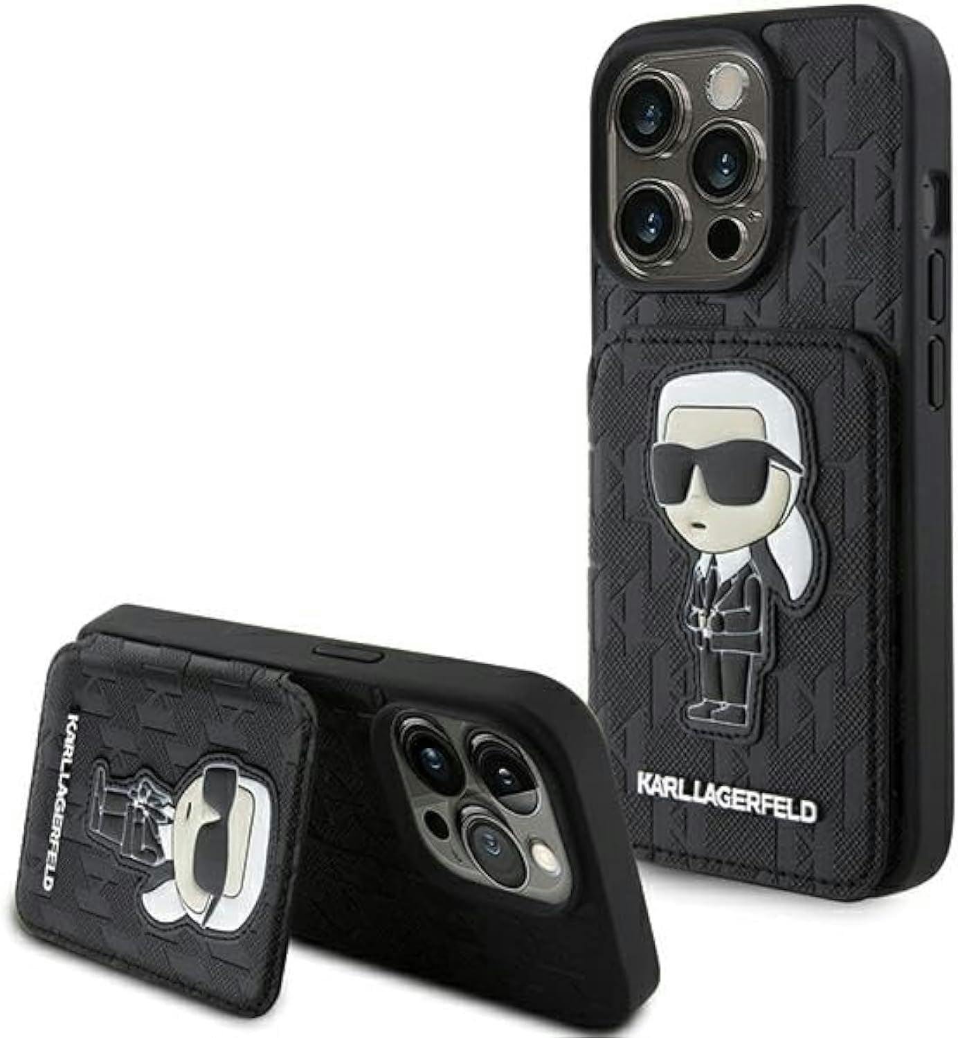 Karl Lagerfeld Black Saffiano Cardslot With Stand Monogram Ikonik Patch Case For Iphone 15 Pro 6.1" - Klhcp15lsakknsck