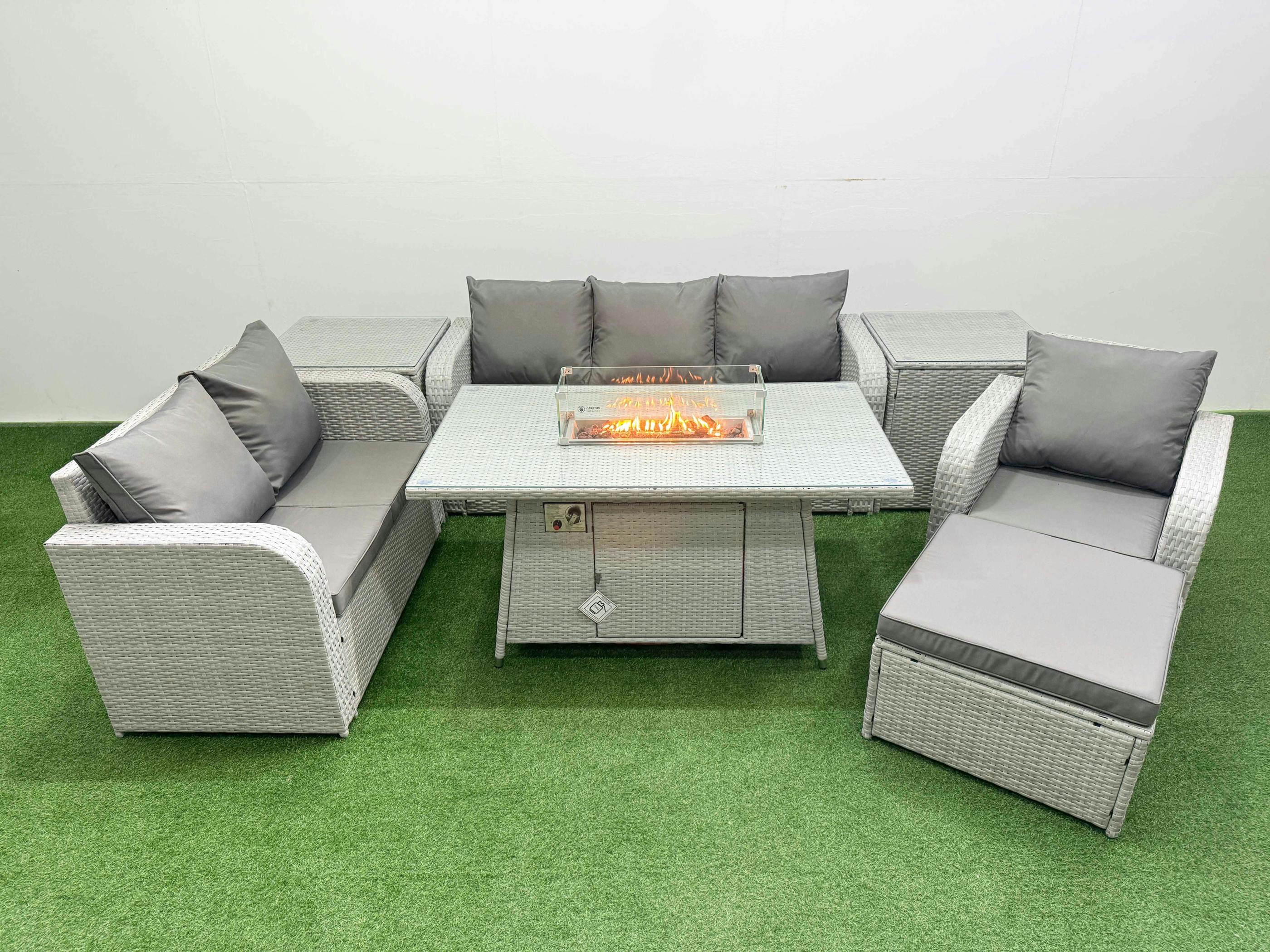 Fimous Light/Grey 7 Seater Pe Wicker Rattan Garden Furniture Patio Set, Firepit Table, Reclining Chair, Loveseat, 3 Seater Sofa, Big Footstool,