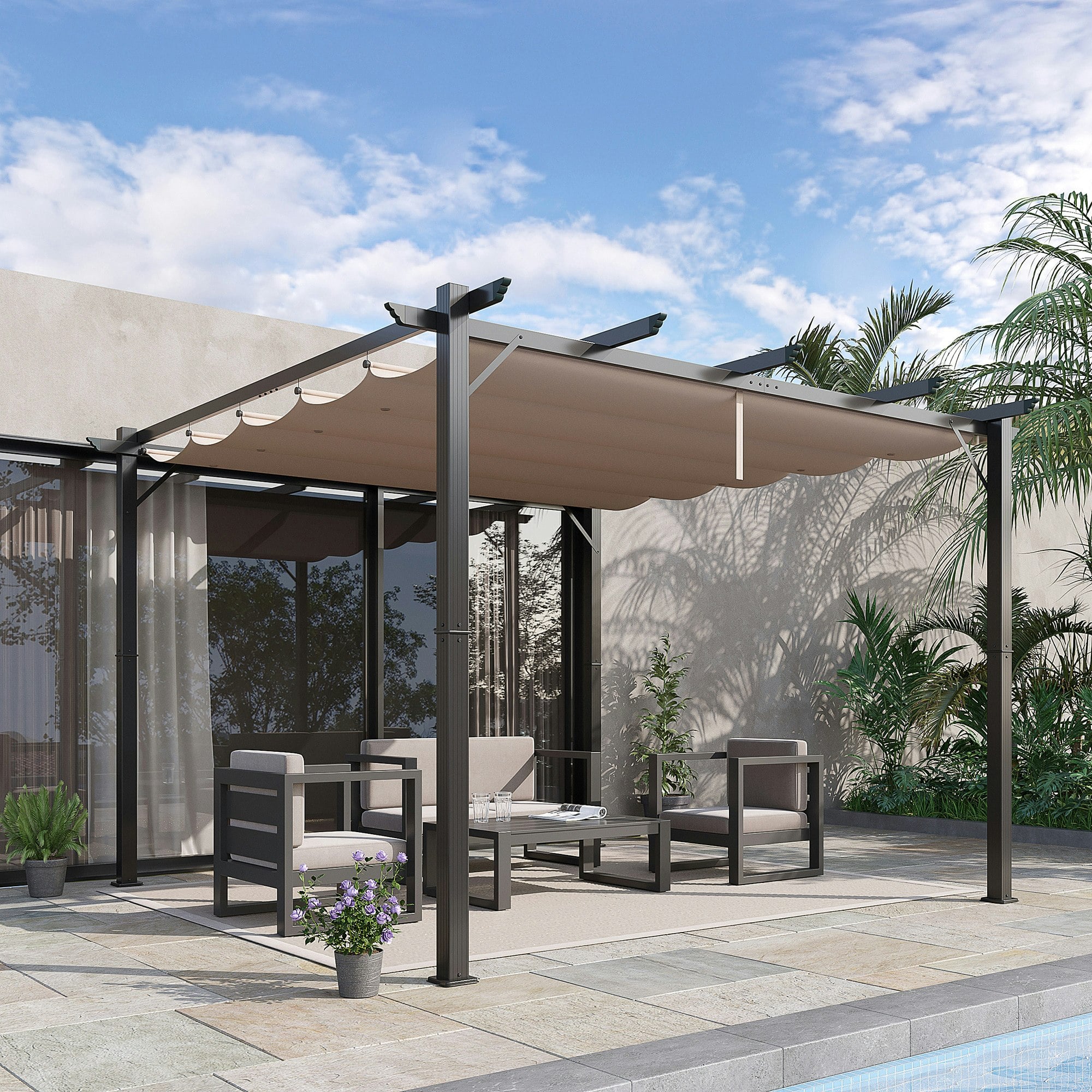 Outsunny Brown 3X3(M) Pergola Gazebo Sun Shade Shelter Aluminium Garden Canopy, - Aluminium, Polyester - 300 X 300 X 223Cm