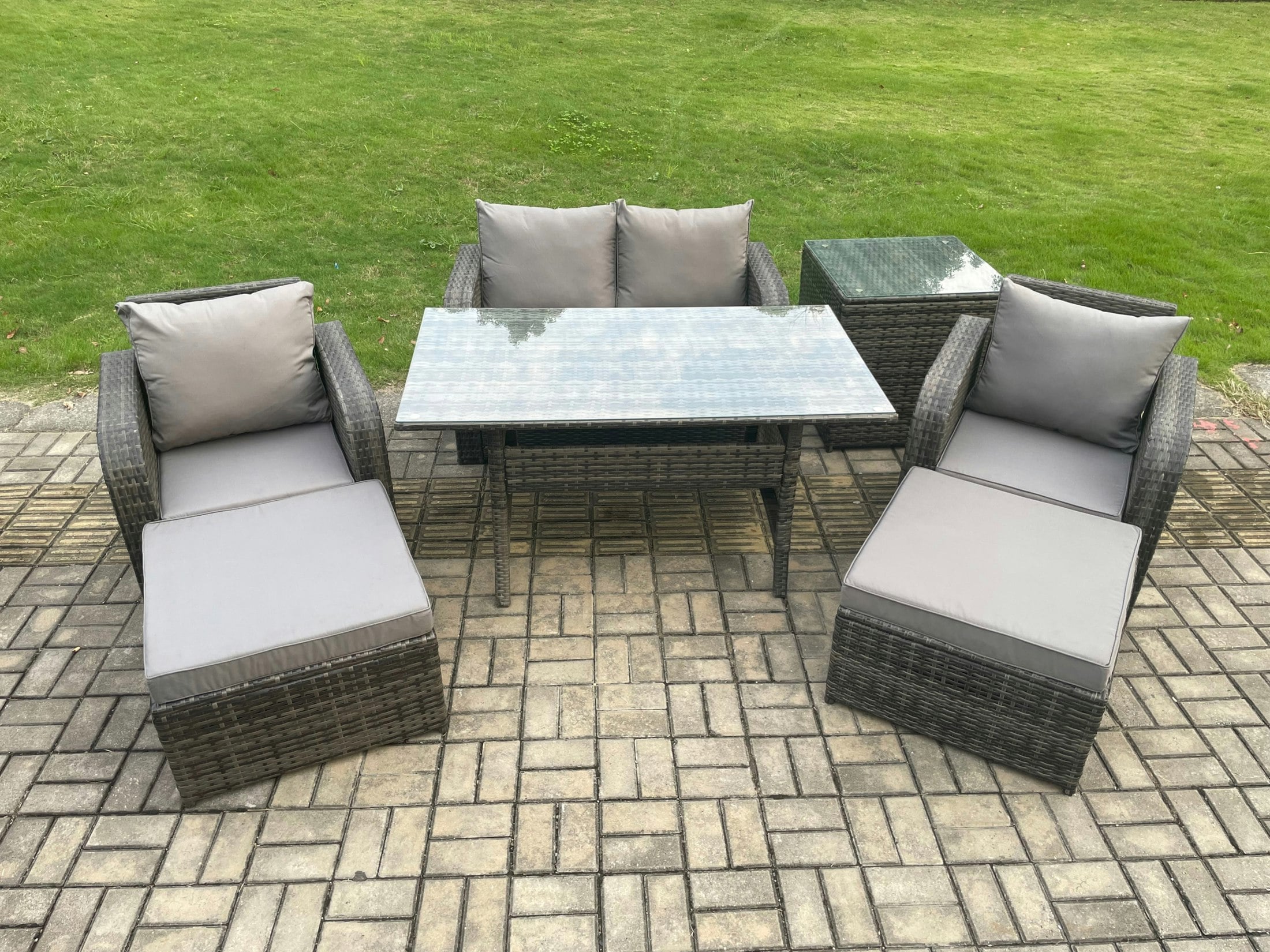 Rackhams Dark/Grey Rattan Outdoor Garden Furniture Set Rectangular Dining Table And Chair Sofa Set With Side Table 2 Big Footstool Mixed