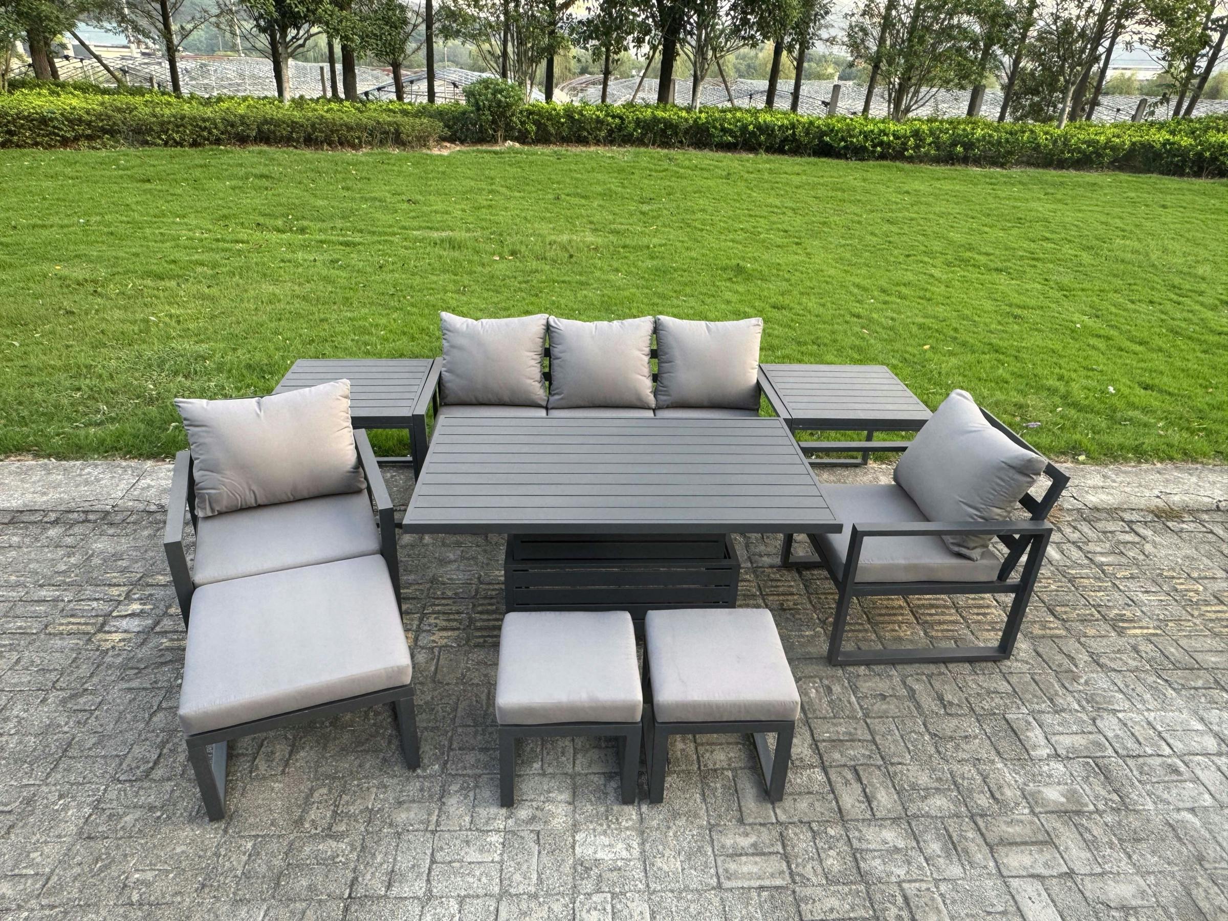 Fimous Grey 8 Seater Aluminium Garden Furniture Set With Adjustable Rising Dining Table, 2 Chairs, 3 Footstools, 2 Side Tables