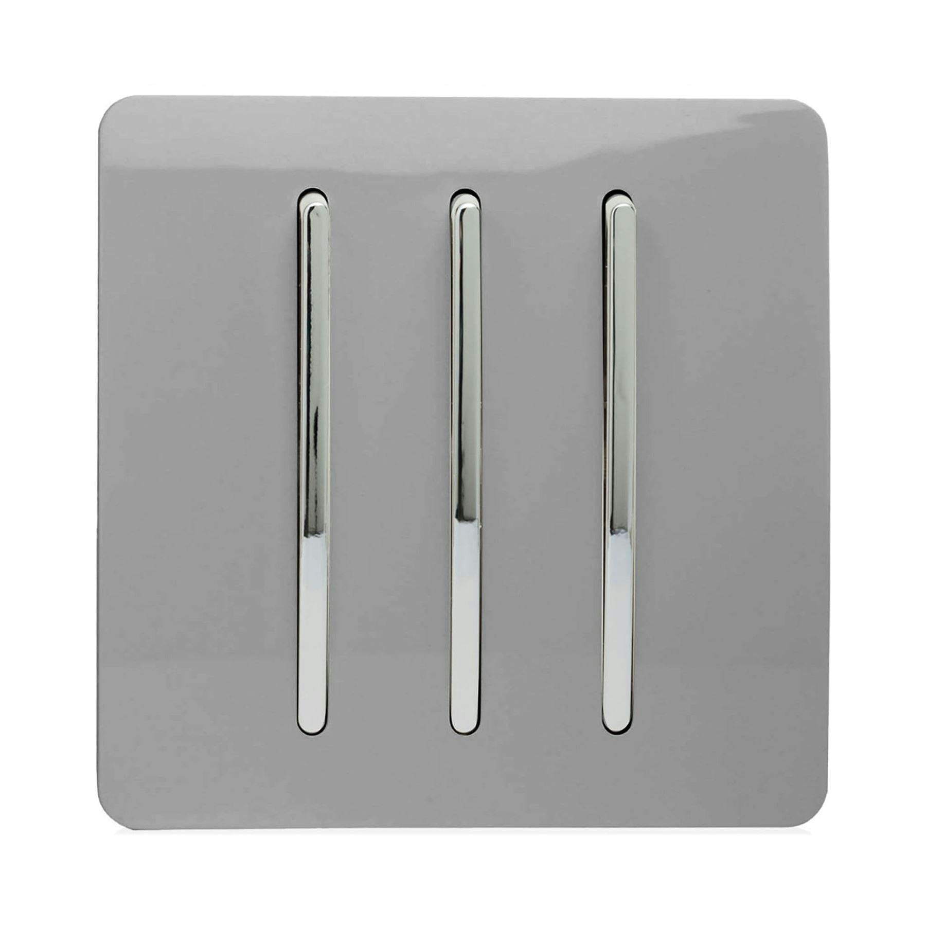 Trendi 3 Gang 2 way 240V Screwless Raised Front Plate Plastic Artistic Modern Glossy 10 Amp Chrome Rocker Triple Electrical Wall Light Switch Light Grey- ART-SS6LG - Image 7