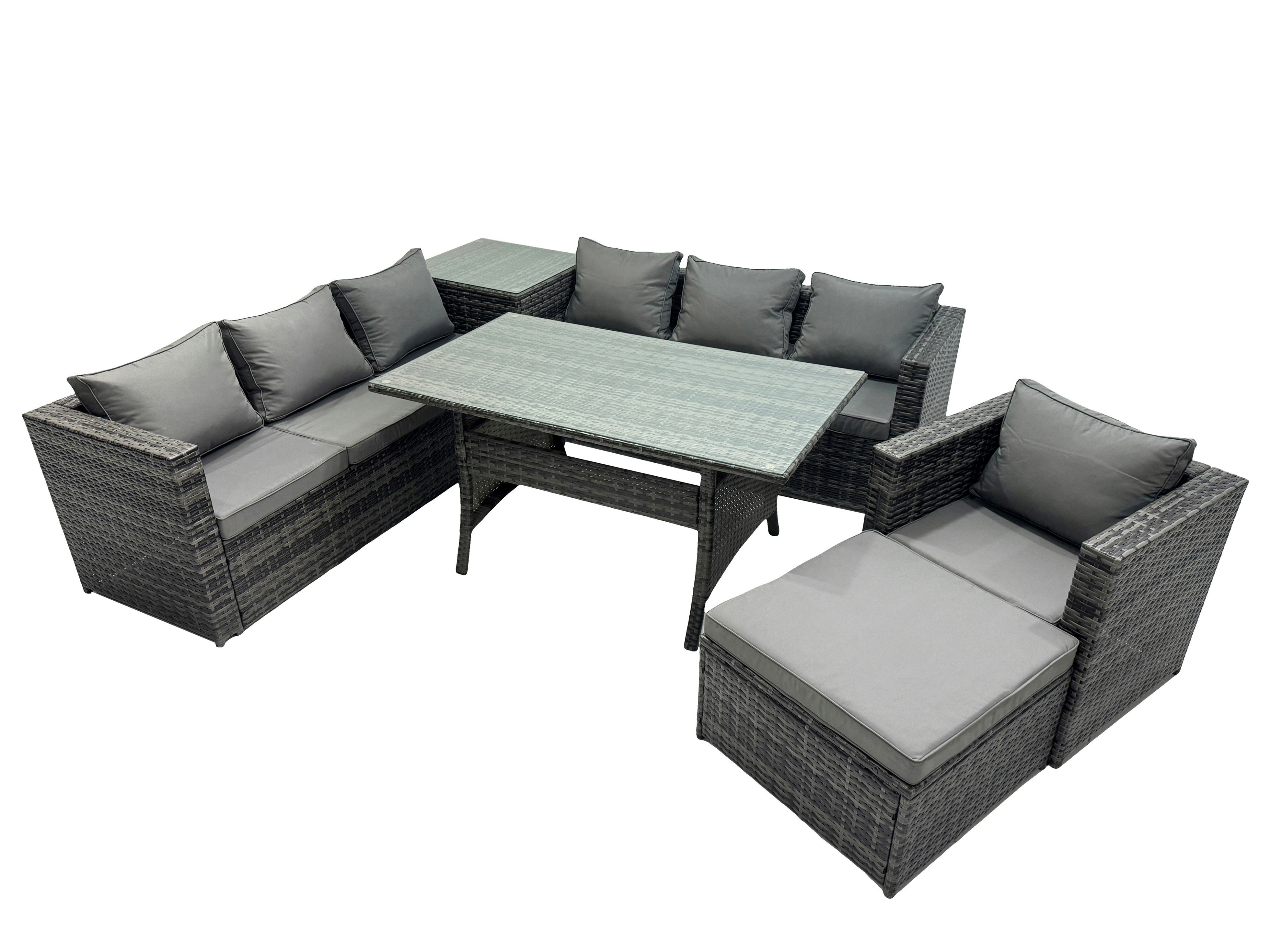 Rackhams Dark/Grey 8 Seater Outdoor Corner Sofa Chair Dining Table Set Garden Rattan Furniture Set With Side Table Big Stool