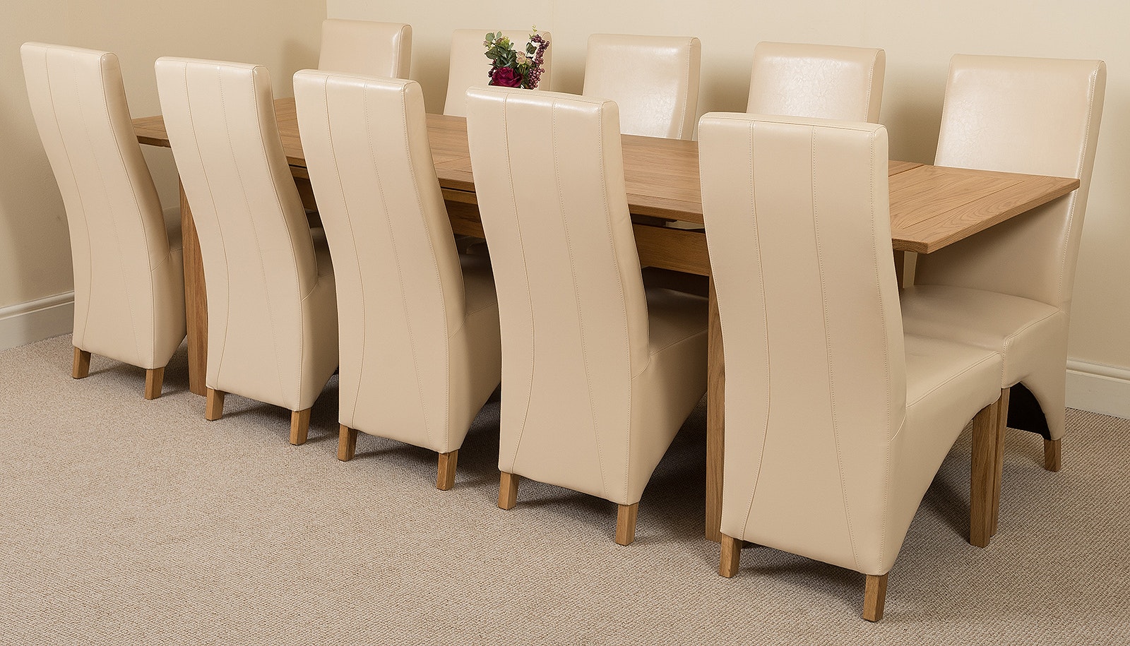 That's Furniture Ivory Richmond Large Oak Extending Dining Table With Lola Leather Chairs - 10 Chairs