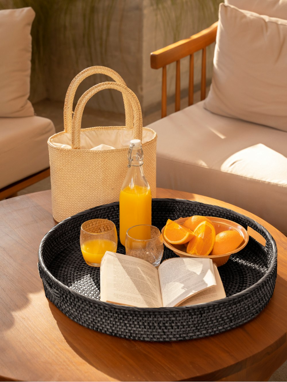 Coastal Villa Homeware Black Large Round Wicker Tray With Handles - Wash
