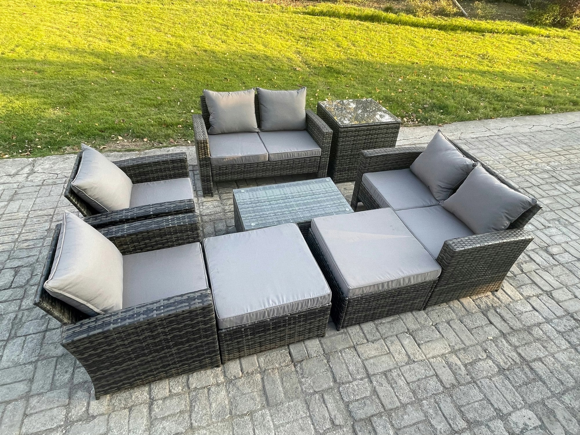 Fimous Dark/Grey 8-Piece Rattan Garden Furniture Set - Mixed Outdoor Patio Sofa & Chair Set With Coffee Table & 2 Big Footstools