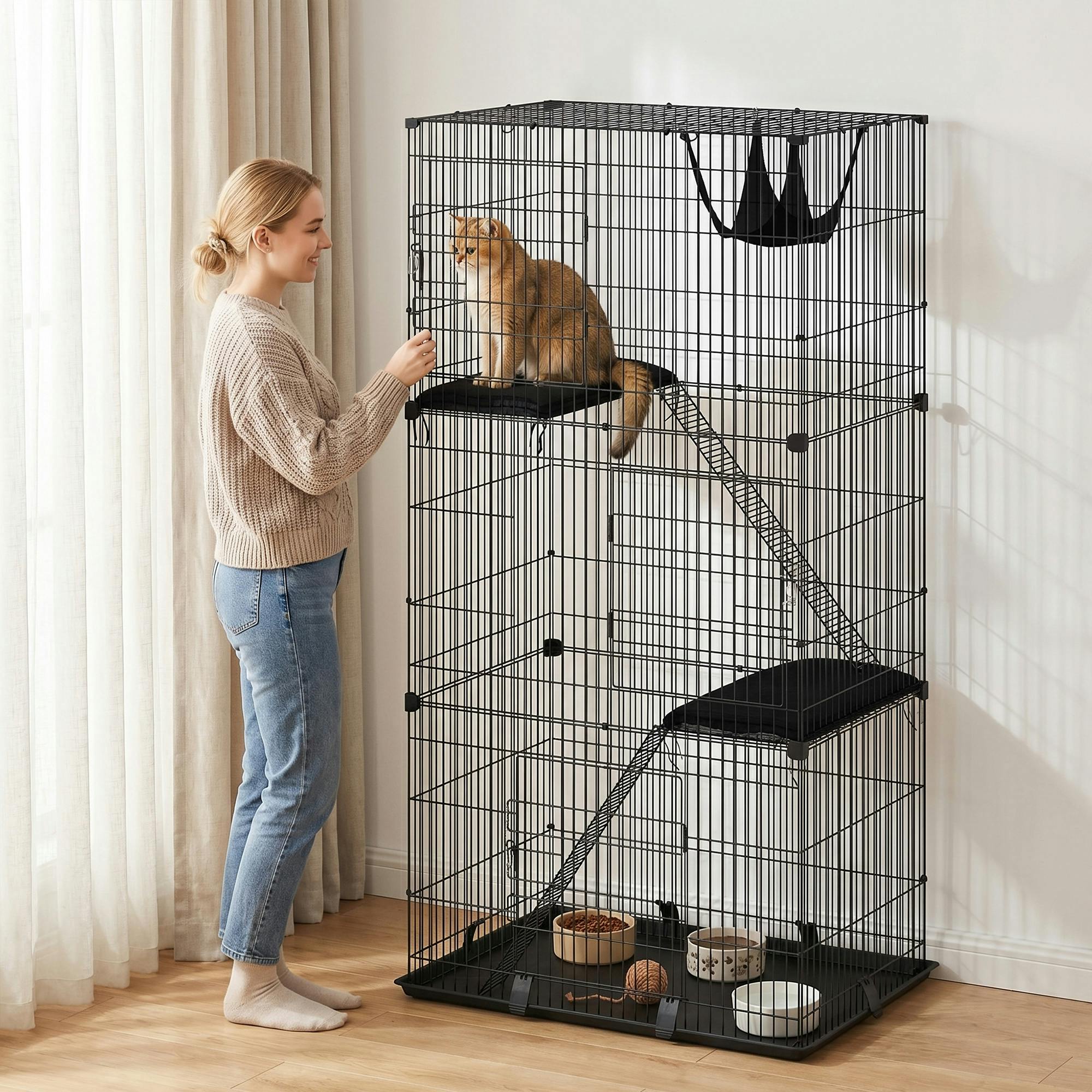 Pawhut Black 3-Tier Large Cat Cage Indoor, Detachable Metal Wire Kennel W/ Hammock