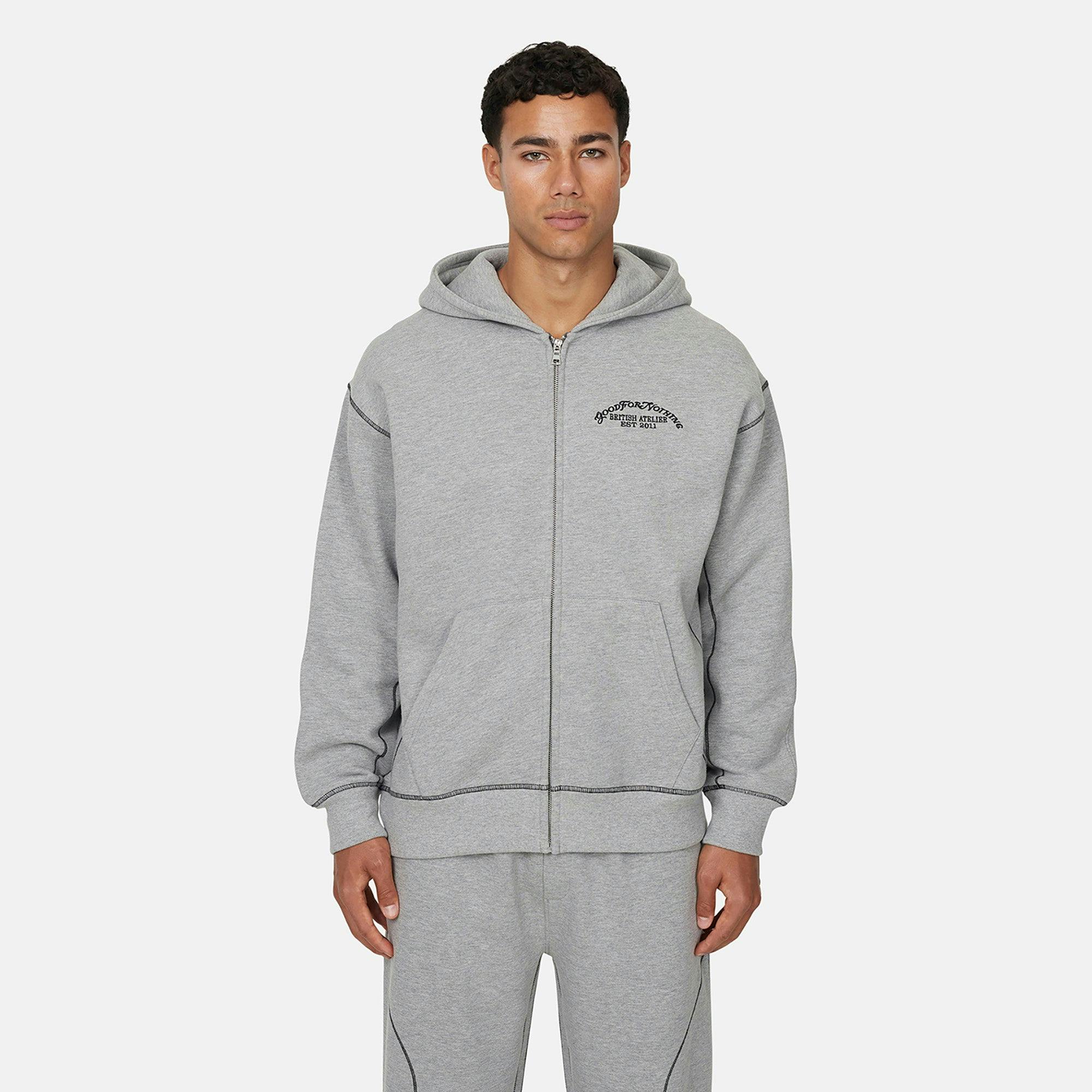 Good For Nothing Grey Coverlock Stitching Zip Through Hoodie - L
