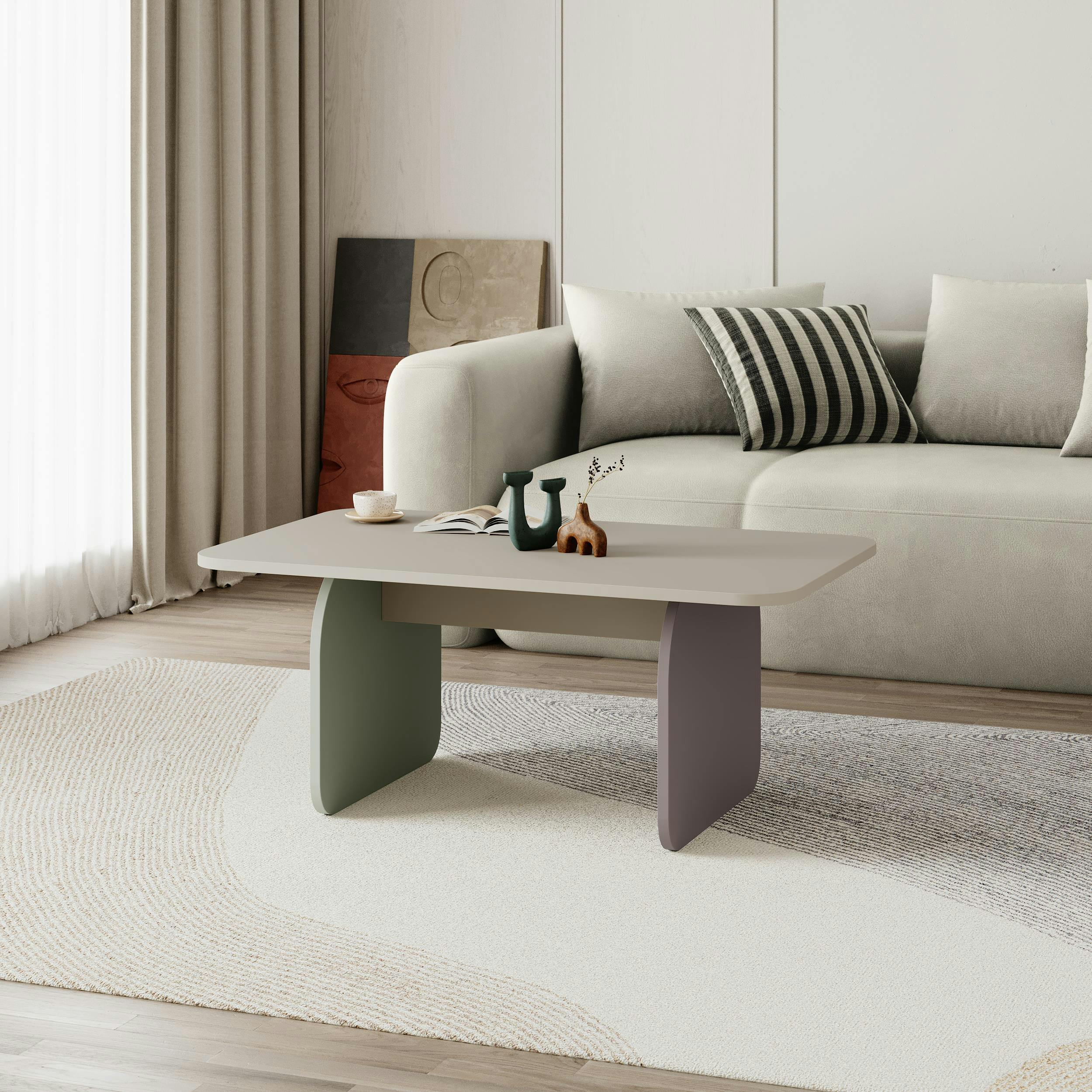 Rackhams Light/Grey/Green Modern Coffee Table Radius Edges With Flat Panel Legs Japandi Style Particleboard Living Room 100Cm - Multicolor