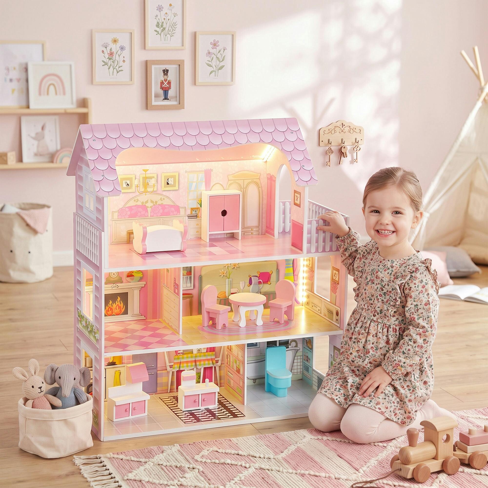 Aiyaplay Pink Dolls House With 8 Pieces Accessories, 3-Level For 3-6 Years,